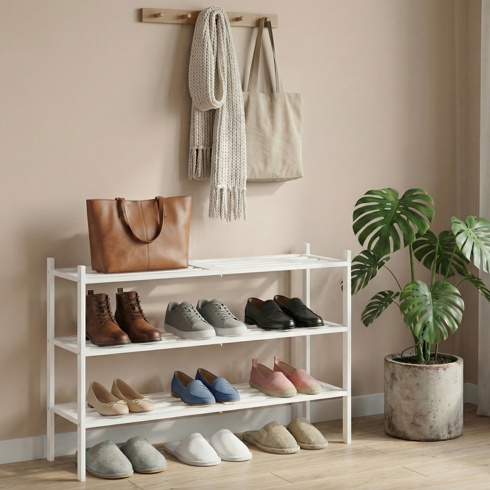 Bamboo shoe rack, stackable shoe rack with 3 tiers