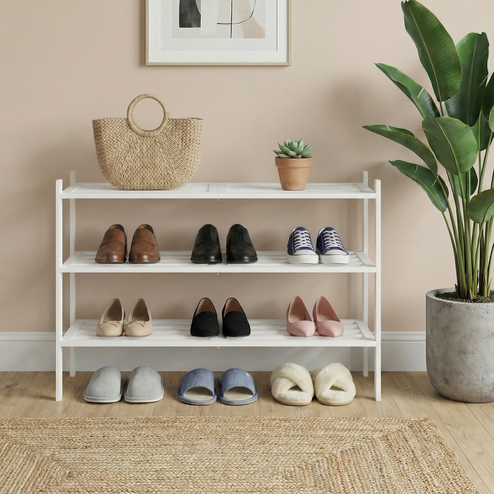 Bamboo shoe rack, stackable shoe rack with 3 tiers