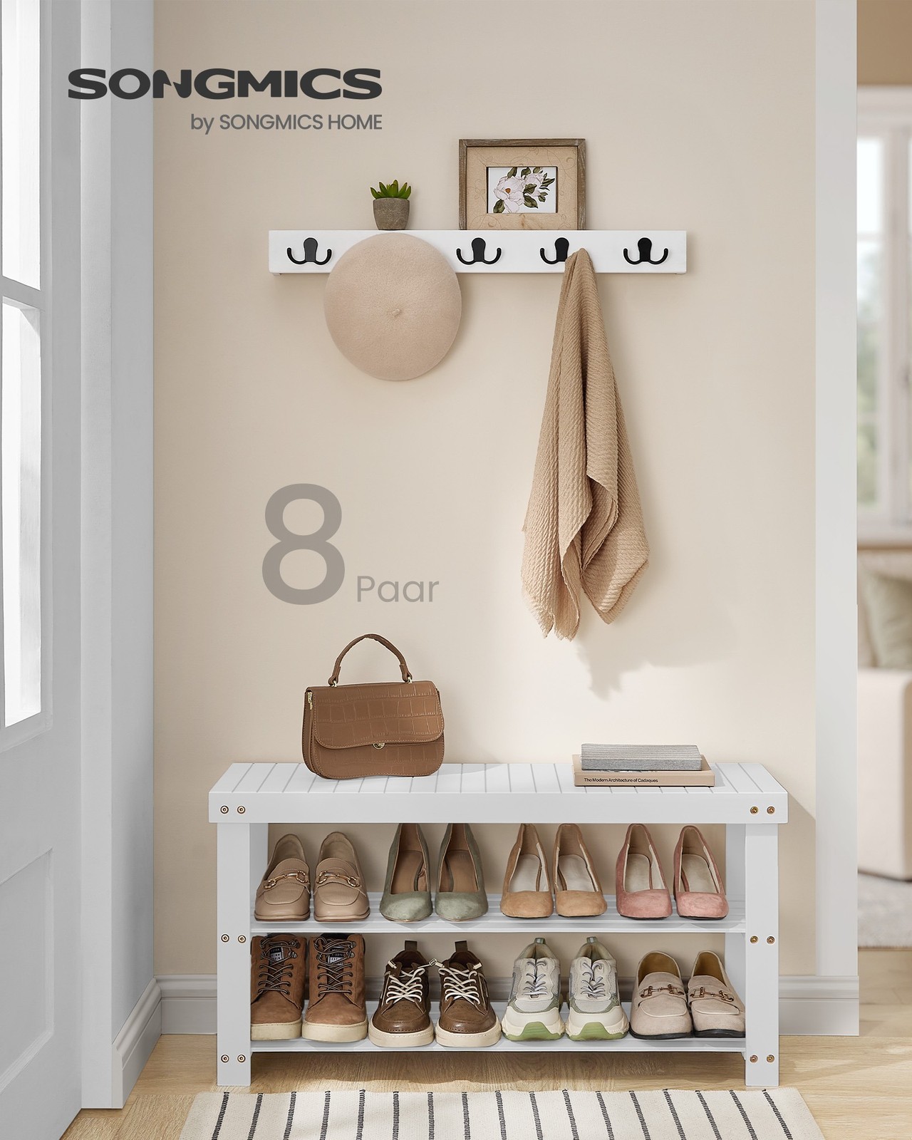 Bamboo shoe bench, cloud white, 3 tiers, 90 x 45.3 cm