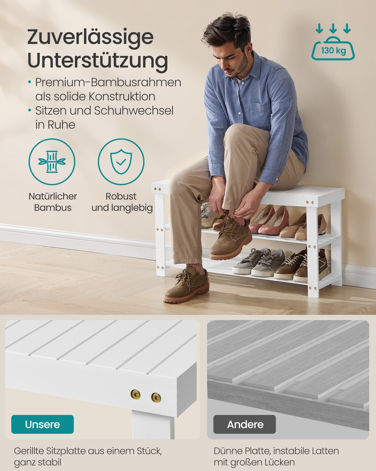 Bamboo shoe bench, cloud white, 3 tiers, 90 x 45.3 cm