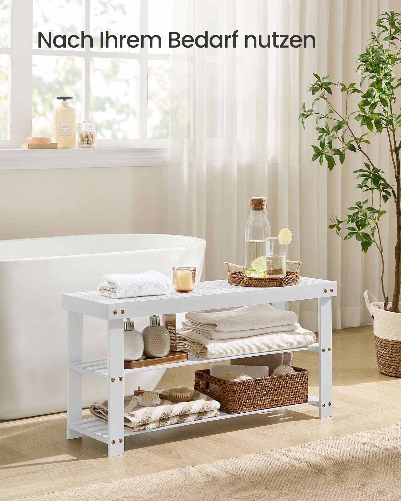 Bamboo shoe bench, cloud white, 3 tiers, 90 x 45.3 cm