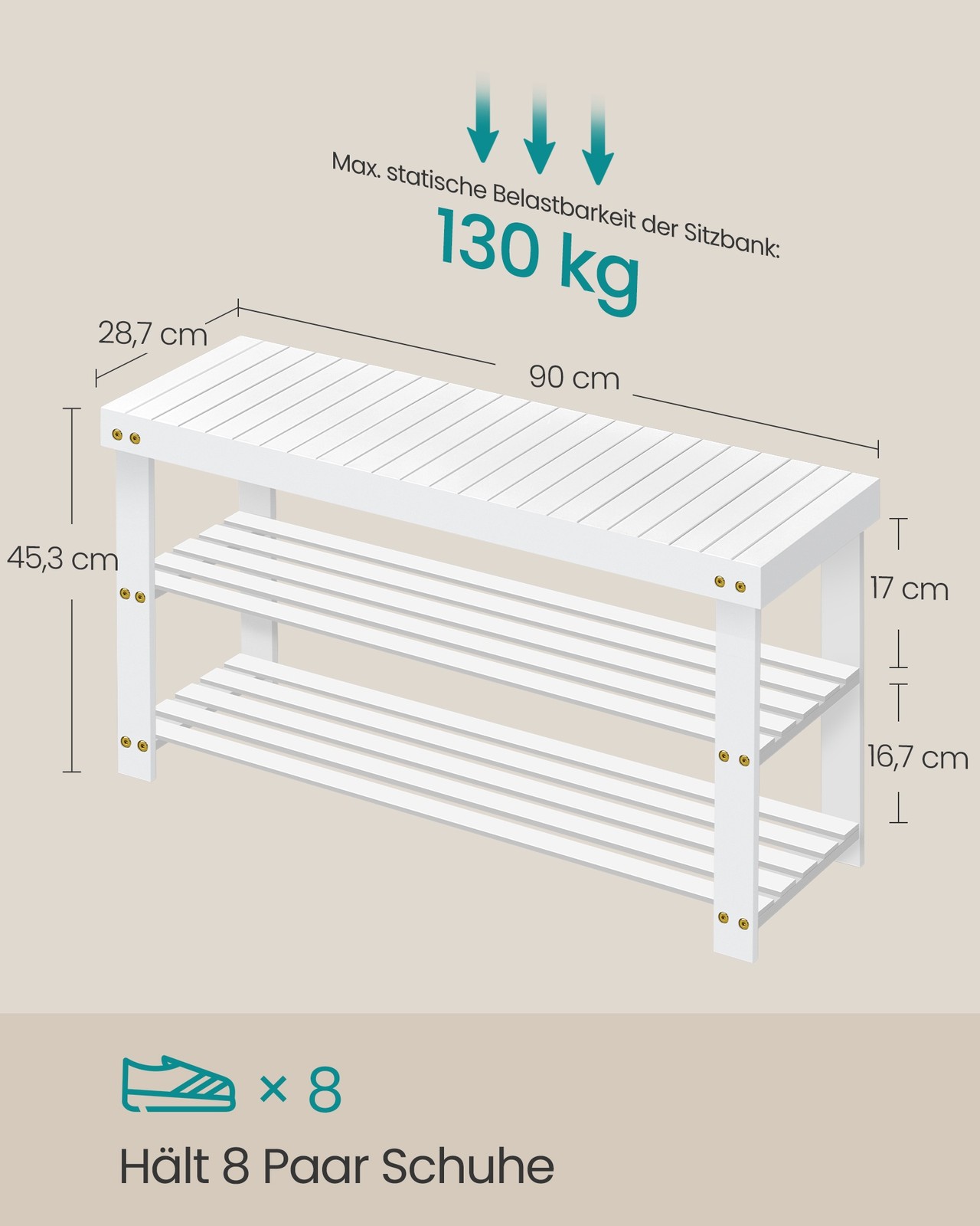 Bamboo shoe bench, cloud white, 3 tiers, 90 x 45.3 cm