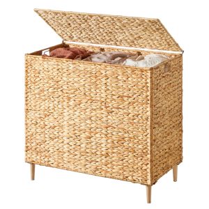 Laundry basket with 3 compartments, removable inner bag, lid and handles, natural colour
