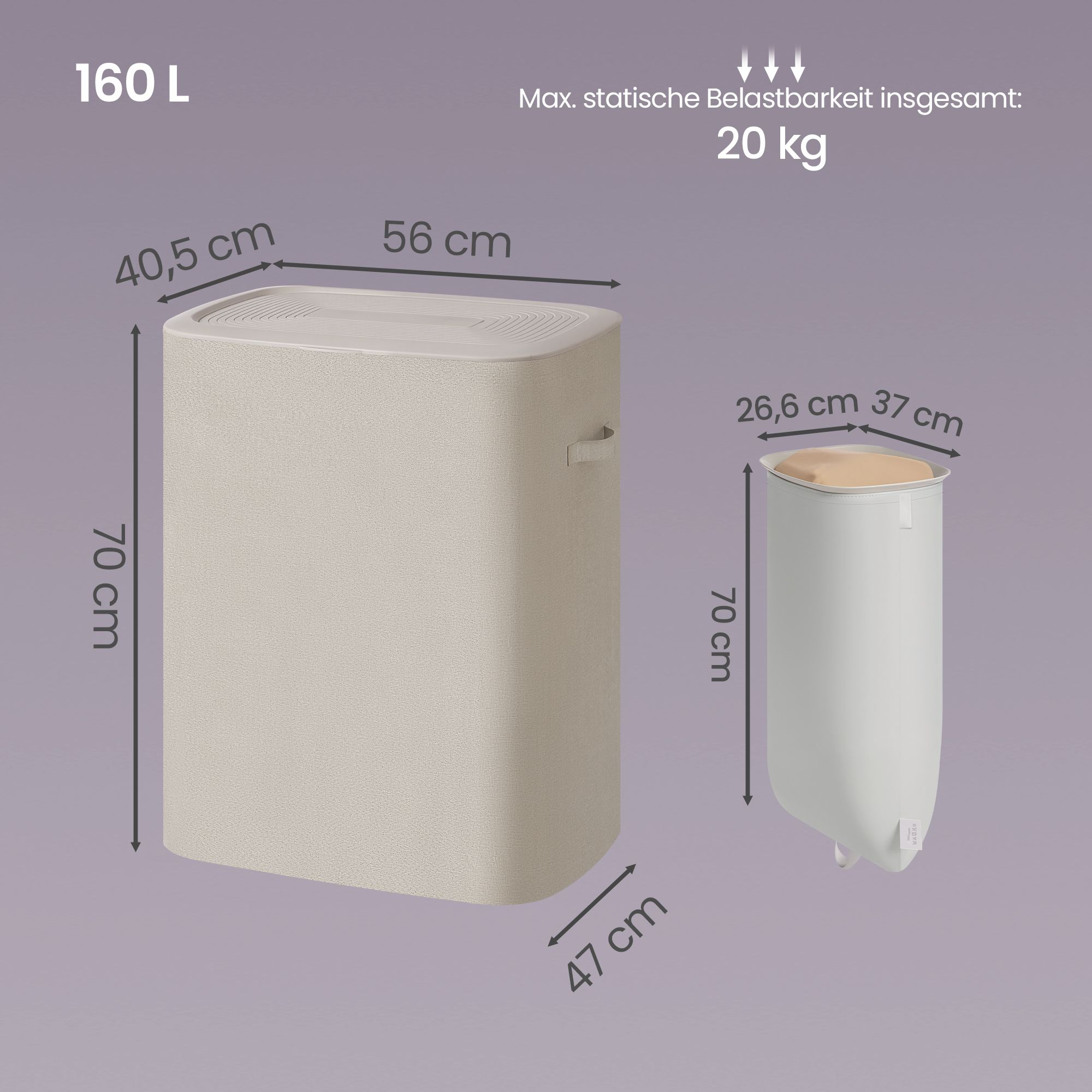 Tøjkurv med låg, 2 rum, tøjopdeler, 160 L, 56 x 40 - Billede 3