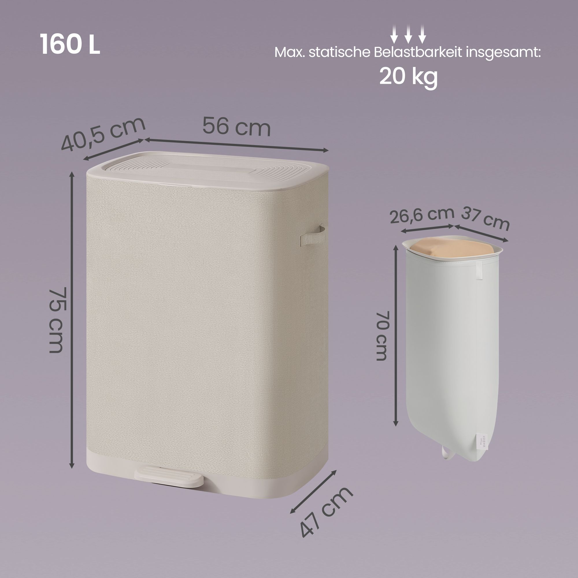 Tøjkurv med låg og 2 rum, tøjopdeler med pedal, 160 L - Billede 2