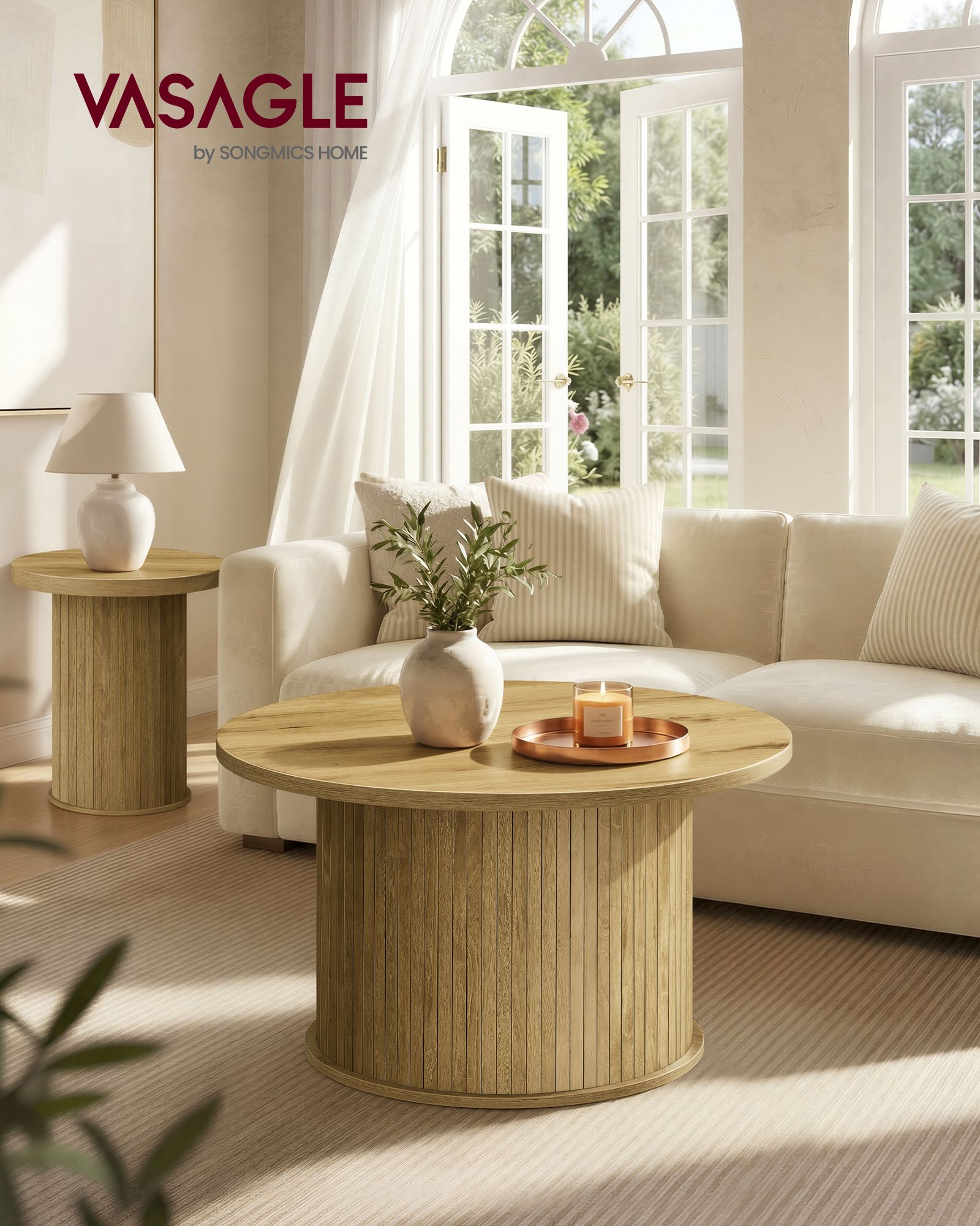 Round coffee table in tambour design, Ø 80 cm