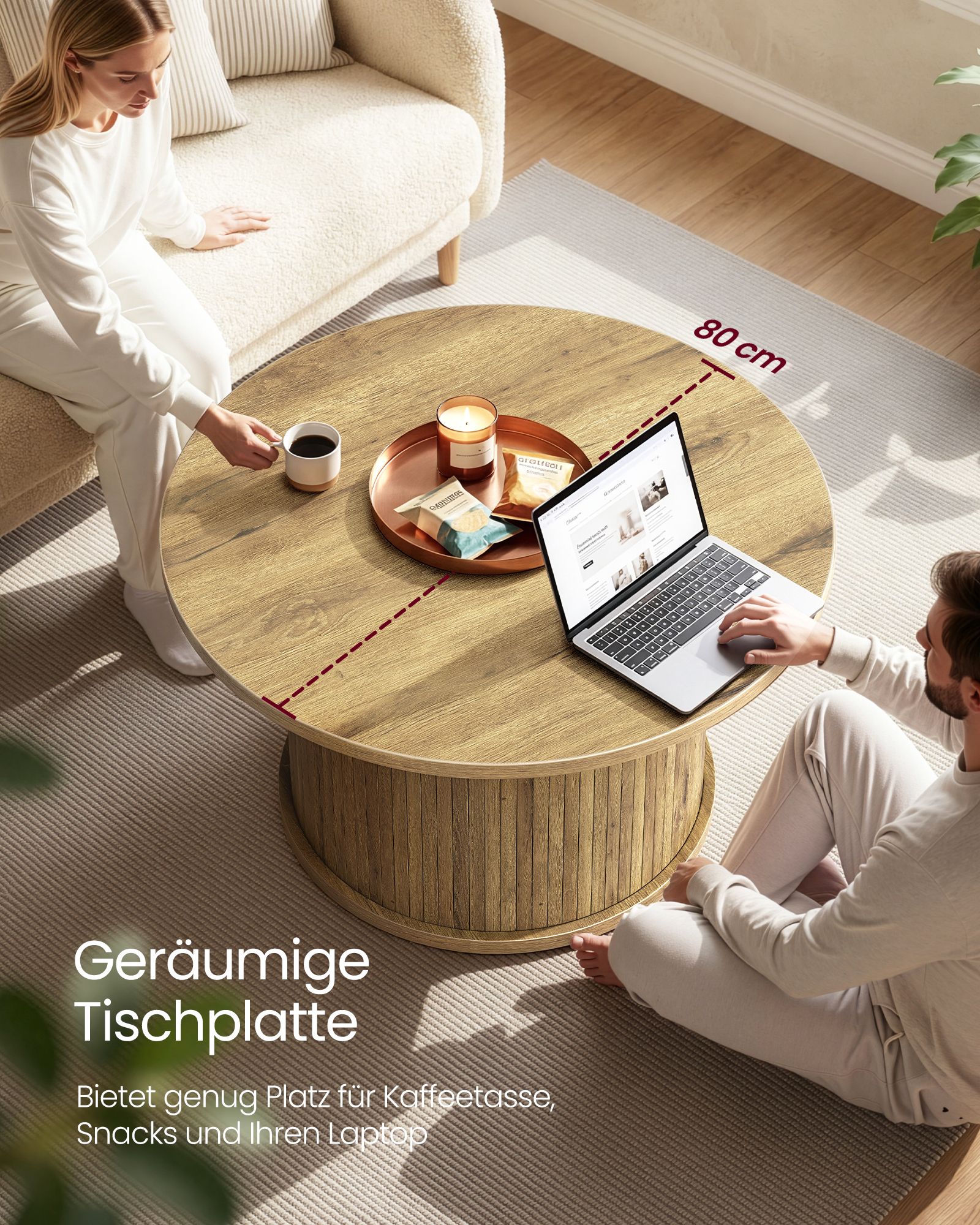 Round coffee table in tambour design, Ø 80 cm