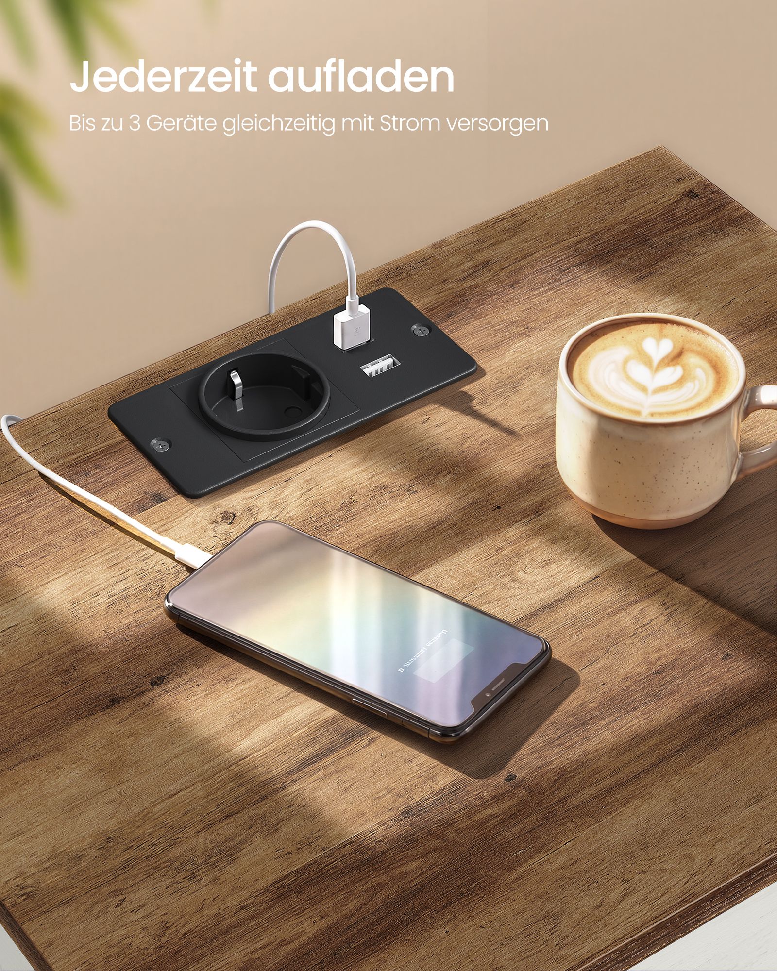Bedside table with socket, USB ports and drawer, 40 x 30 x 59 cm, white and brown