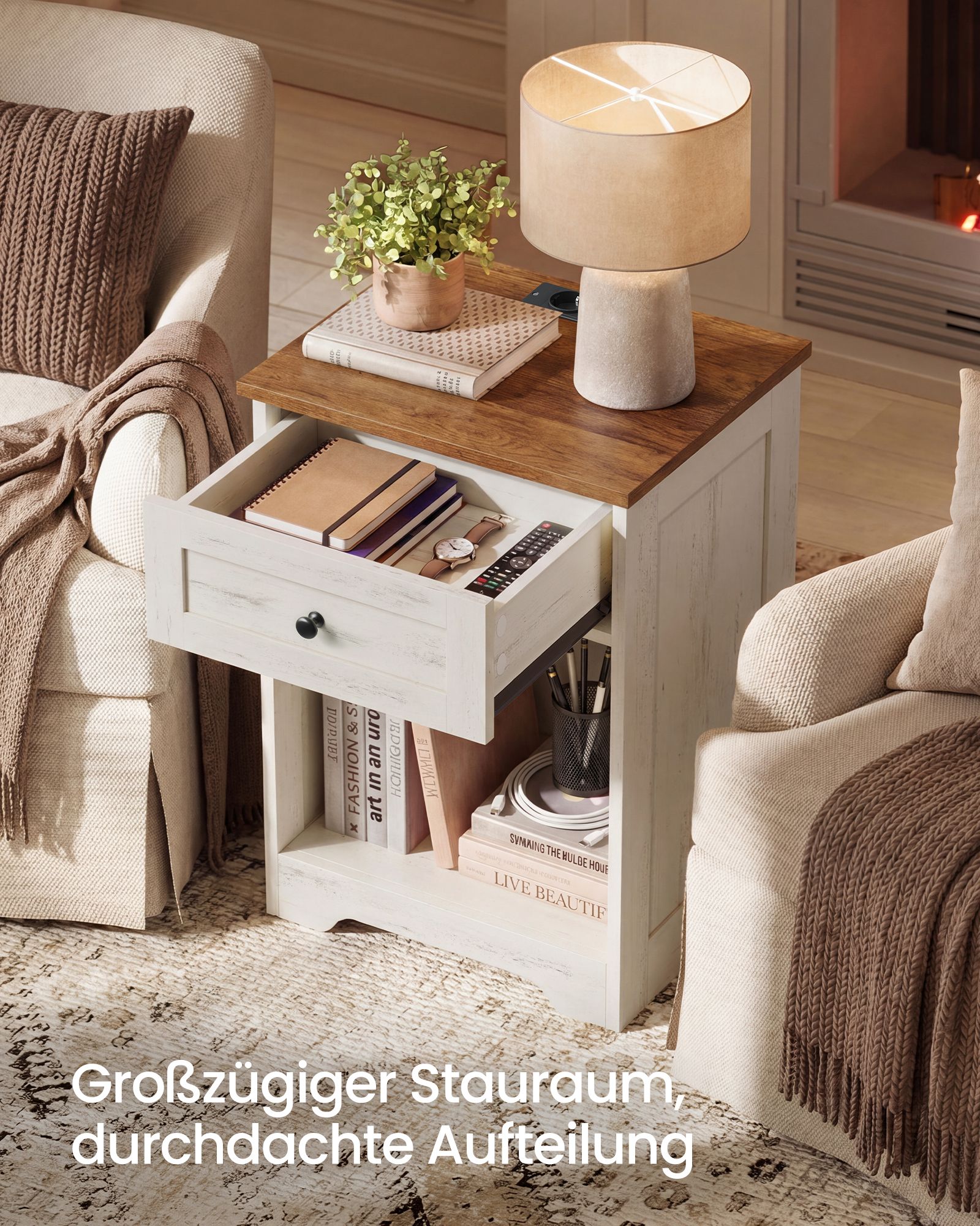 Bedside table with socket, USB ports and drawer, 40 x 30 x 59 cm, white and brown