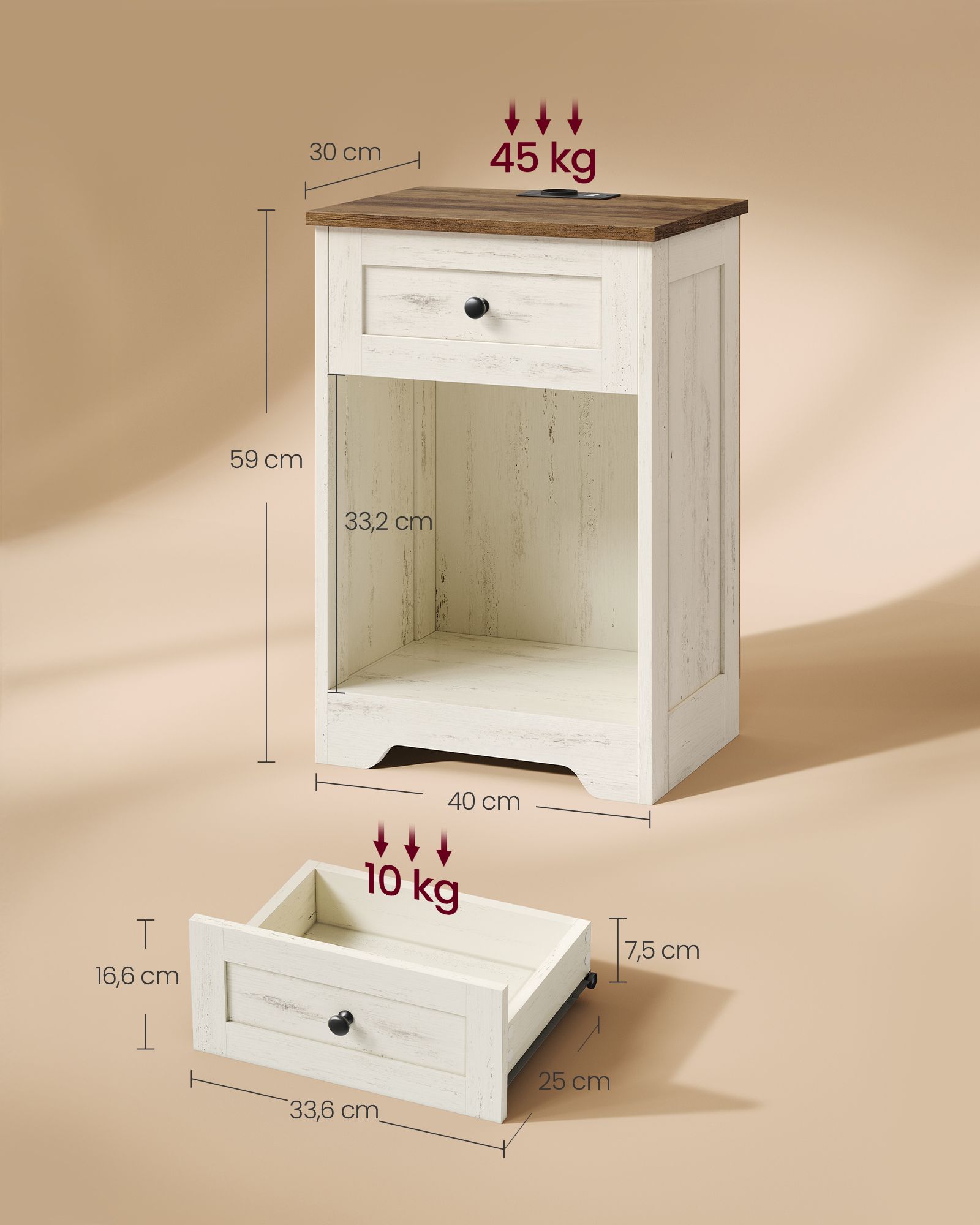 Bedside table with socket, USB ports and drawer, 40 x 30 x 59 cm, white and brown - Image 5