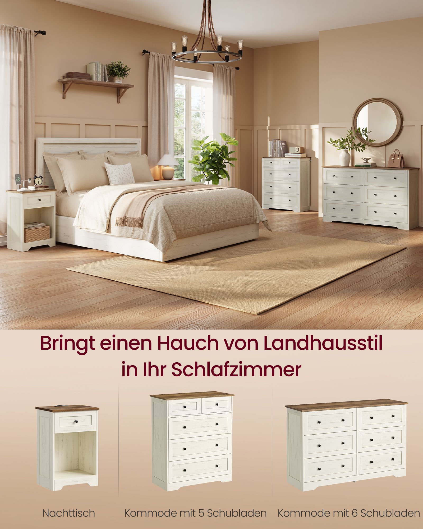 Bedside table with socket, USB ports and drawer, 40 x 30 x 59 cm, white and brown