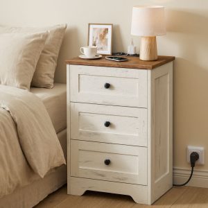 Bedside table with socket and 3 drawers, 40 x 30 x 59 cm
