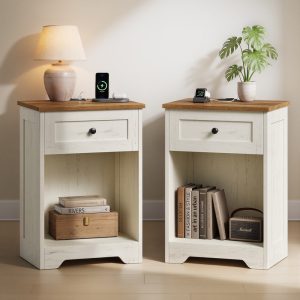 Set of 2 bedside tables in cloud white and earth brown, 40 x 30 x 59 cm, with socket