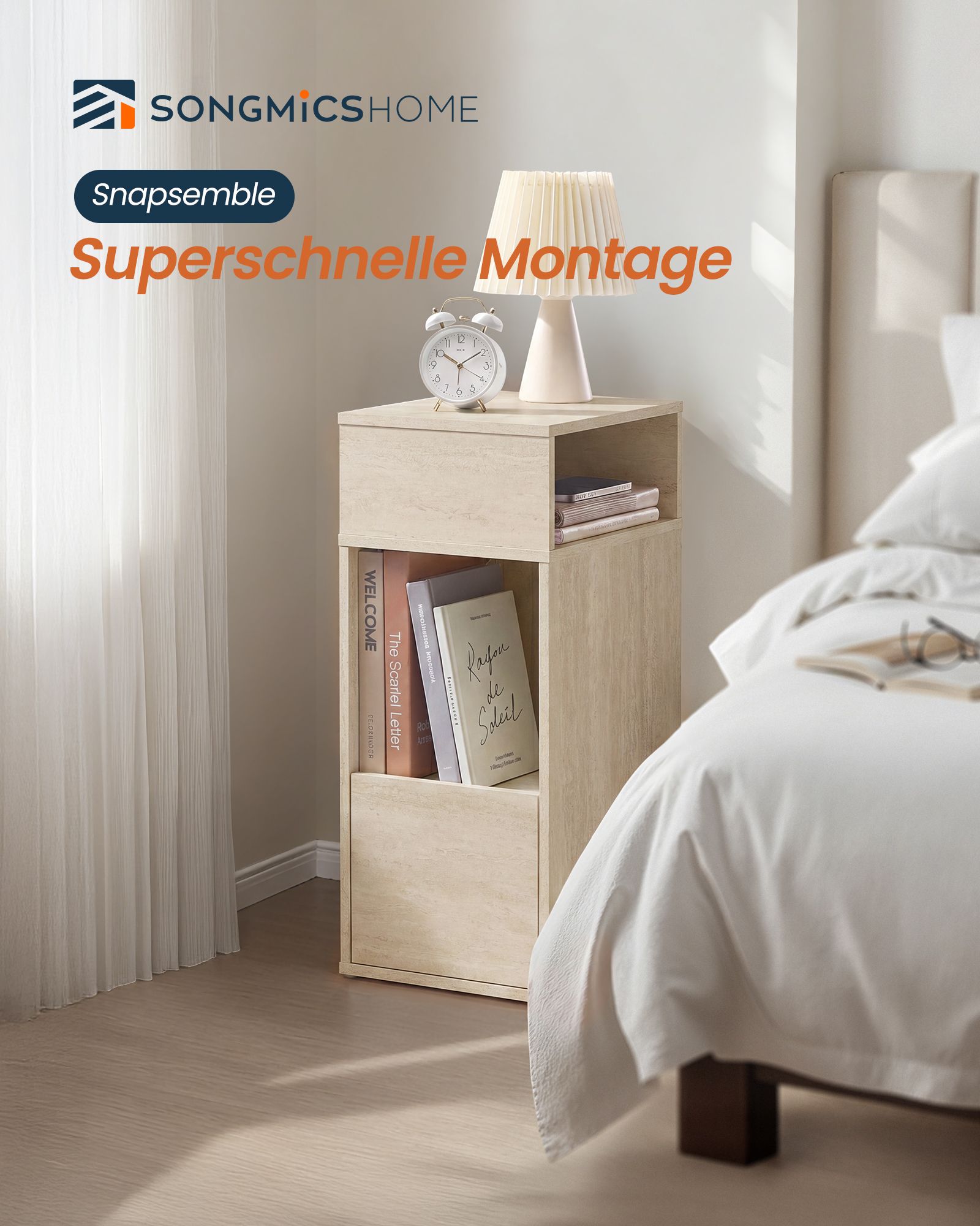 Slim bedside table with drawer, quick to assemble, in travertine beige