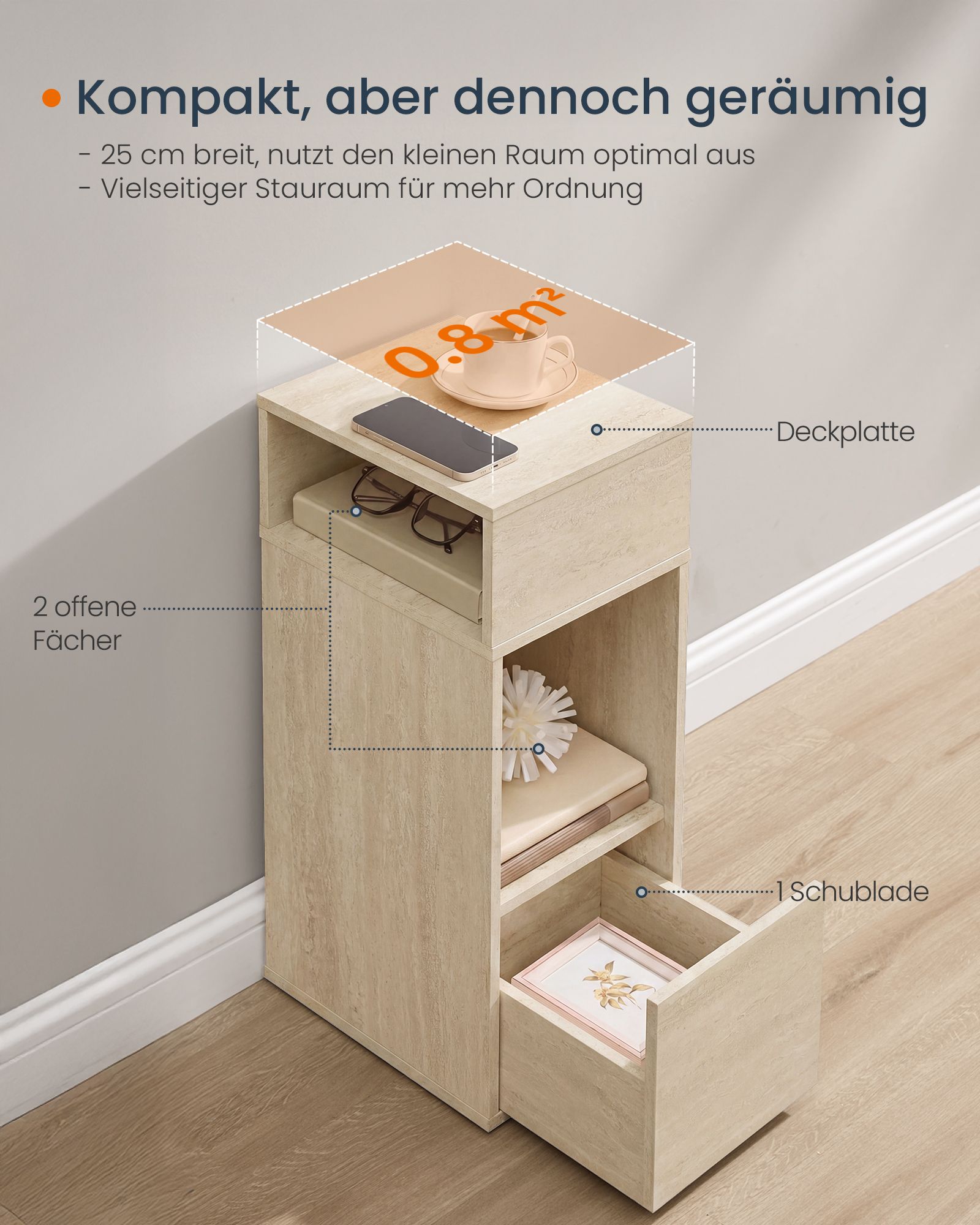 Slim bedside table with drawer, quick to assemble, in travertine beige - Image 4