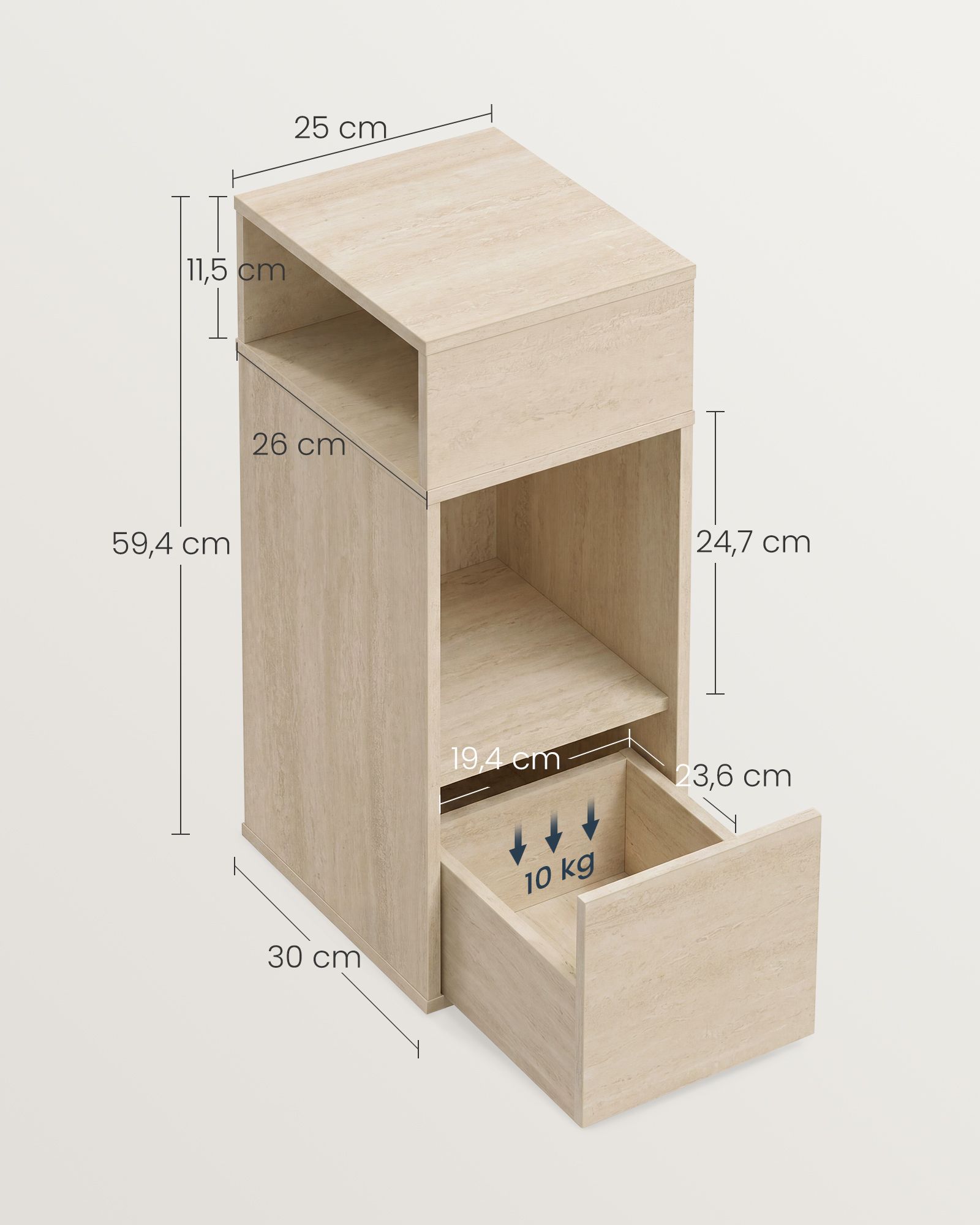 Slim bedside table with drawer, quick to assemble, in travertine beige