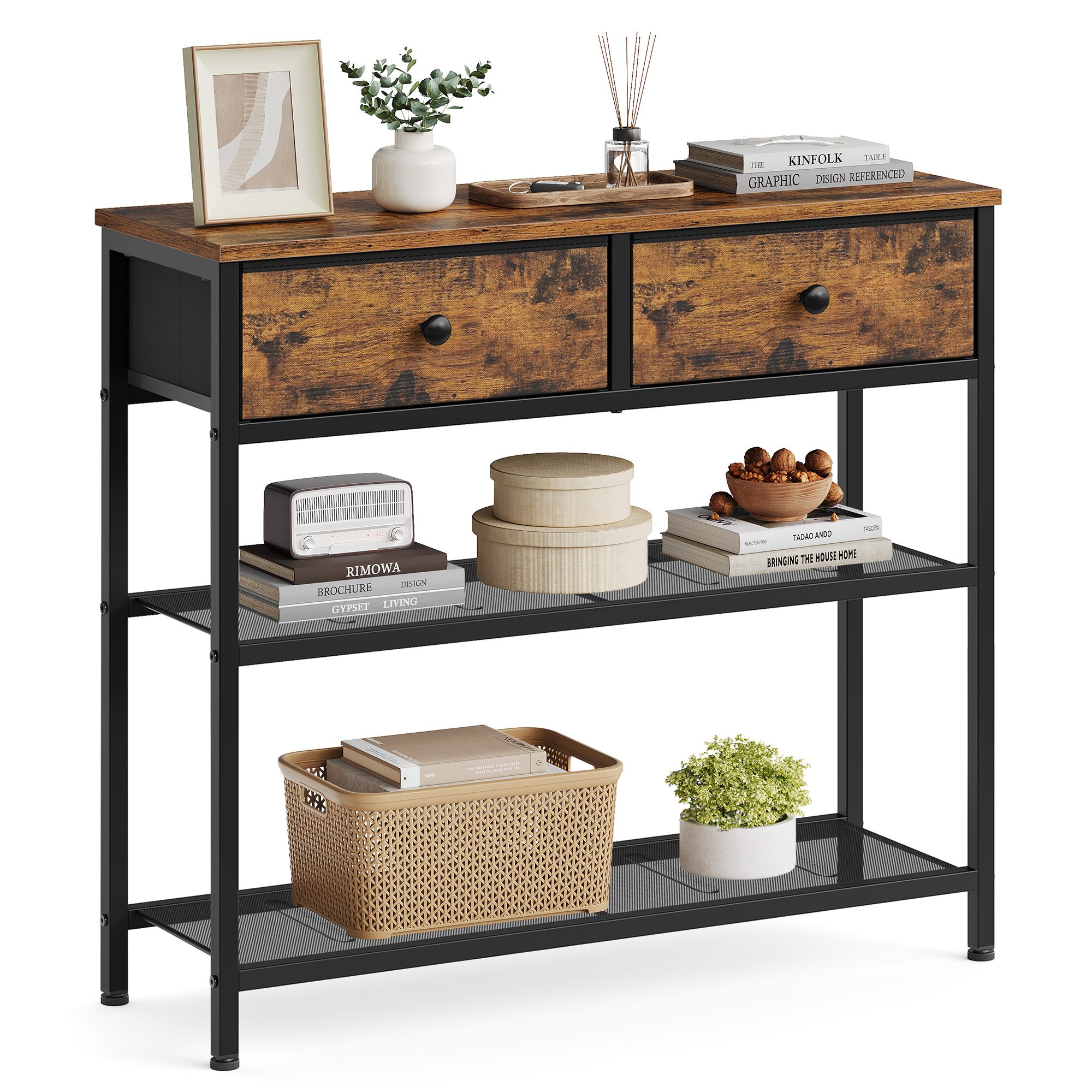 Vintage brown console table 76.7 x 30 x 78.7 cm, 2 drawers