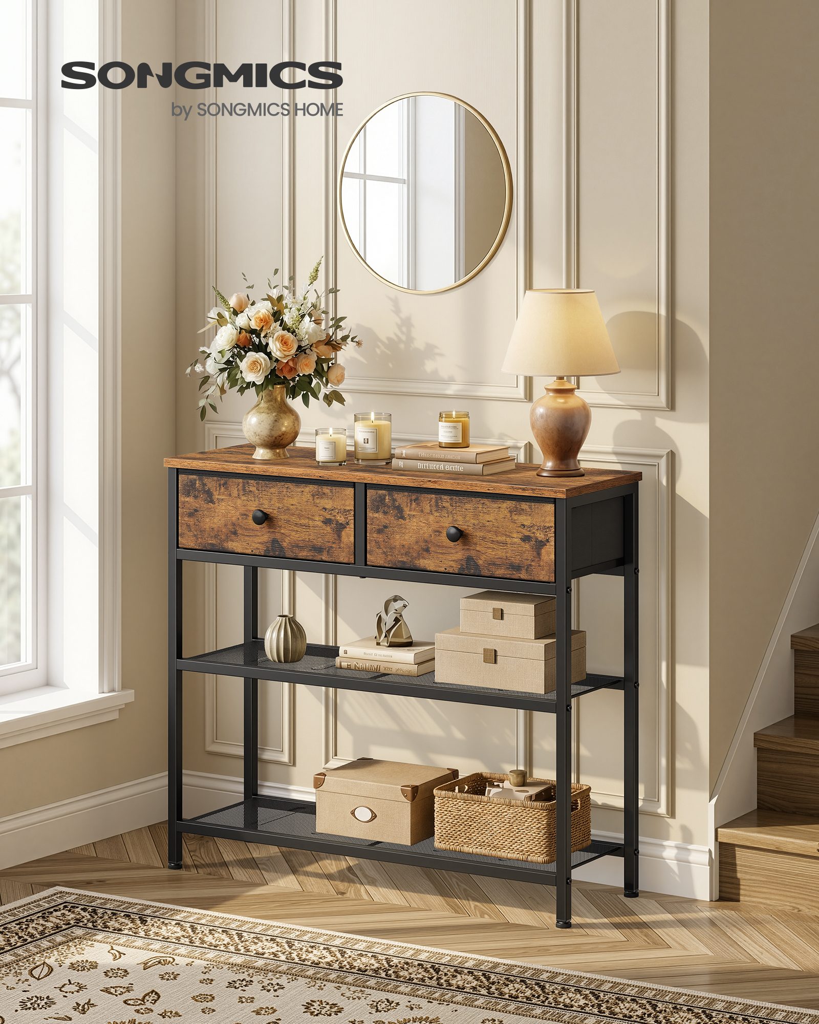 Vintage brown console table 76.7 x 30 x 78.7 cm, 2 drawers