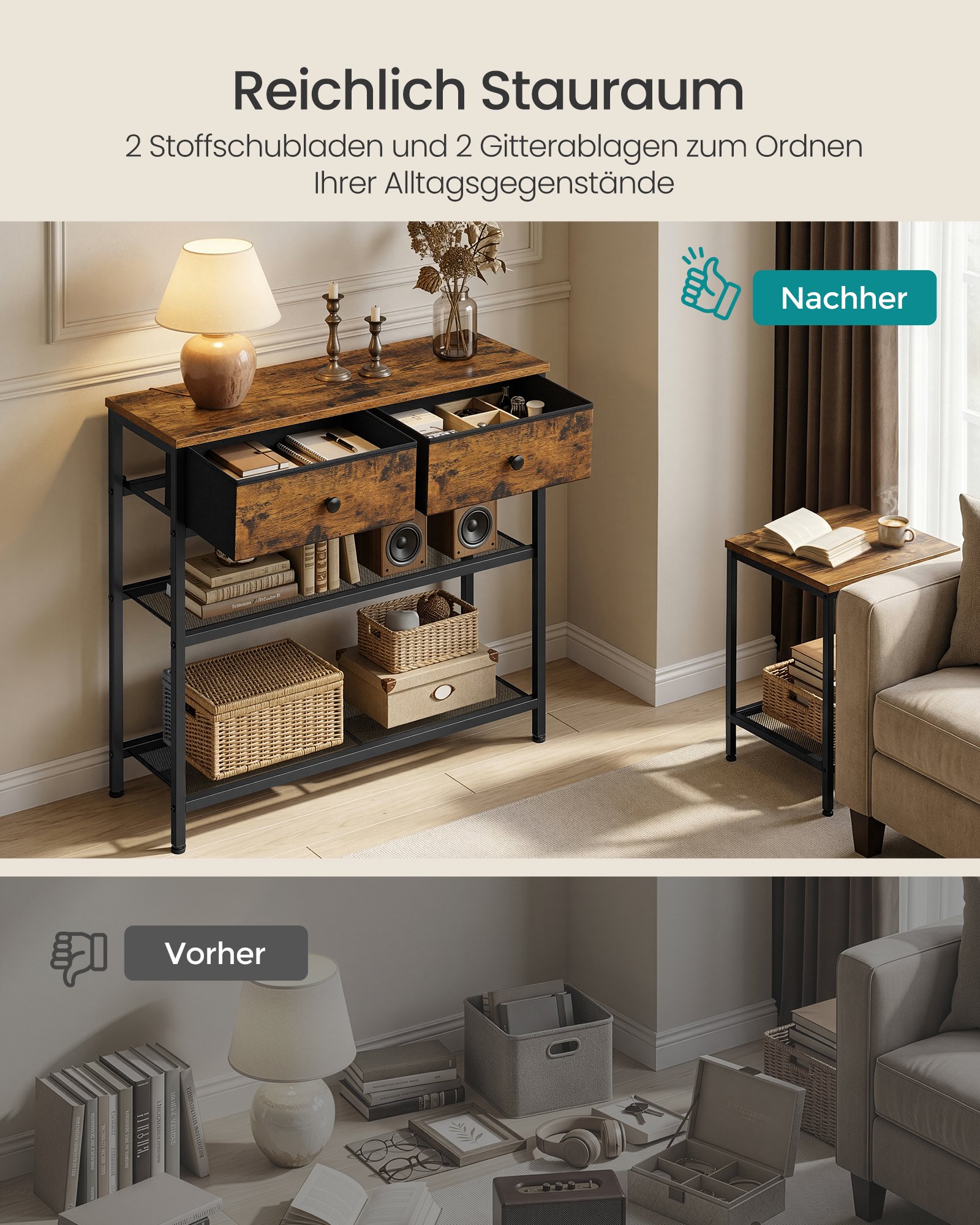 Vintage brown console table 76.7 x 30 x 78.7 cm, 2 drawers