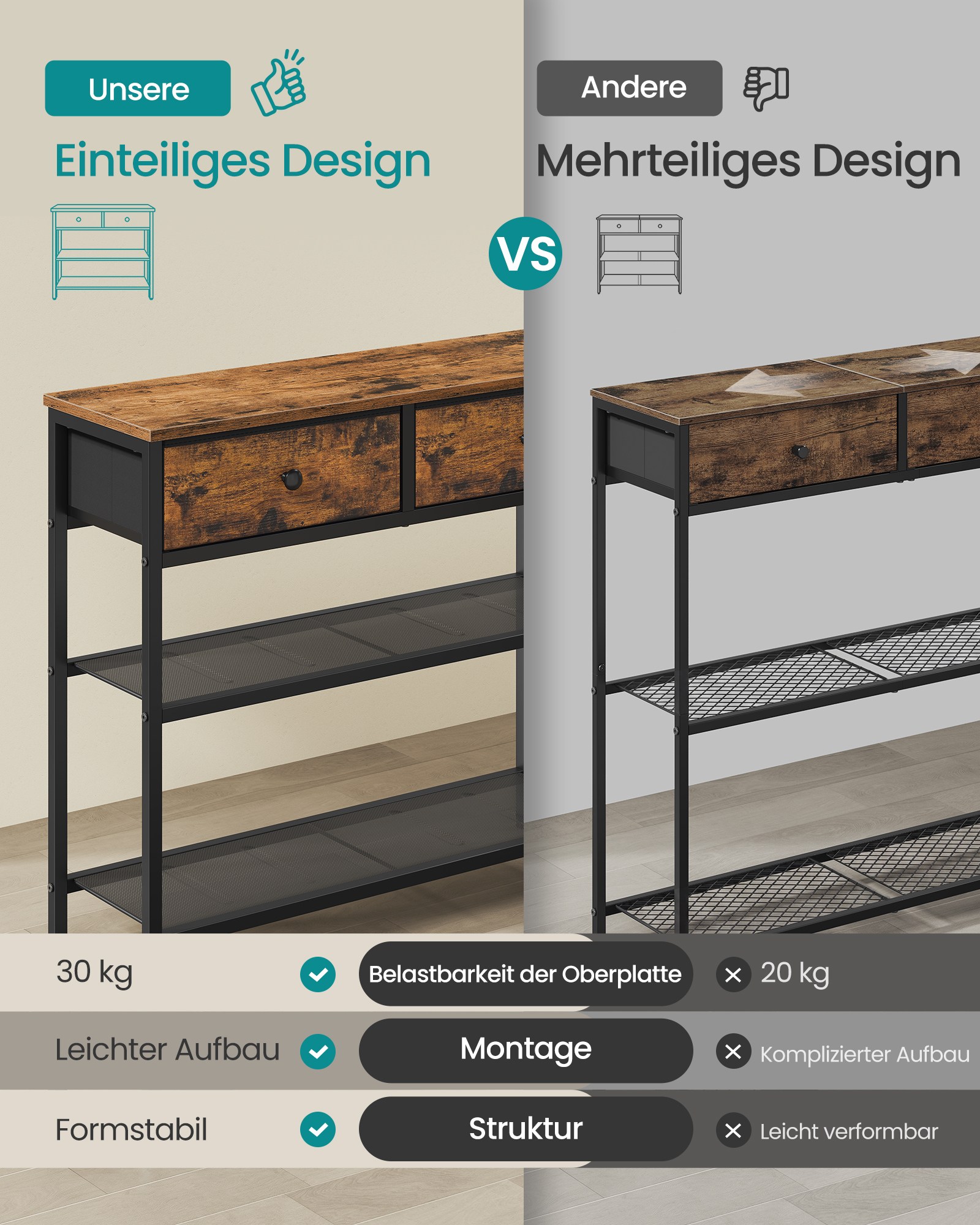 Vintage brown console table 76.7 x 30 x 78.7 cm, 2 drawers