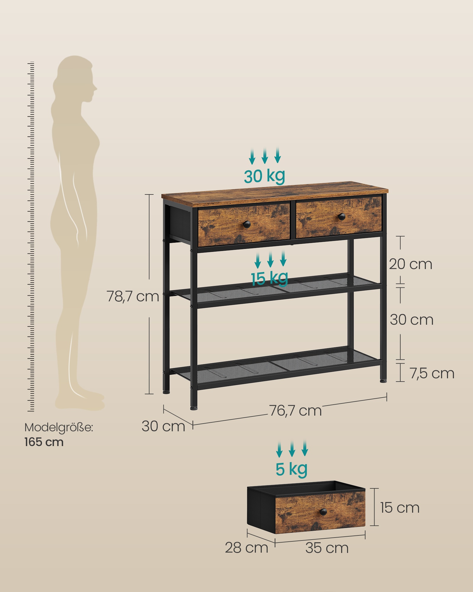Vintage brown console table 76.7 x 30 x 78.7 cm, 2 drawers