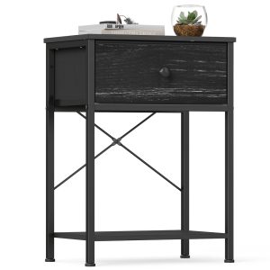 Bedside table, black, with LED socket, 39.6 x 30 x 60.4 cm, 2 drawers