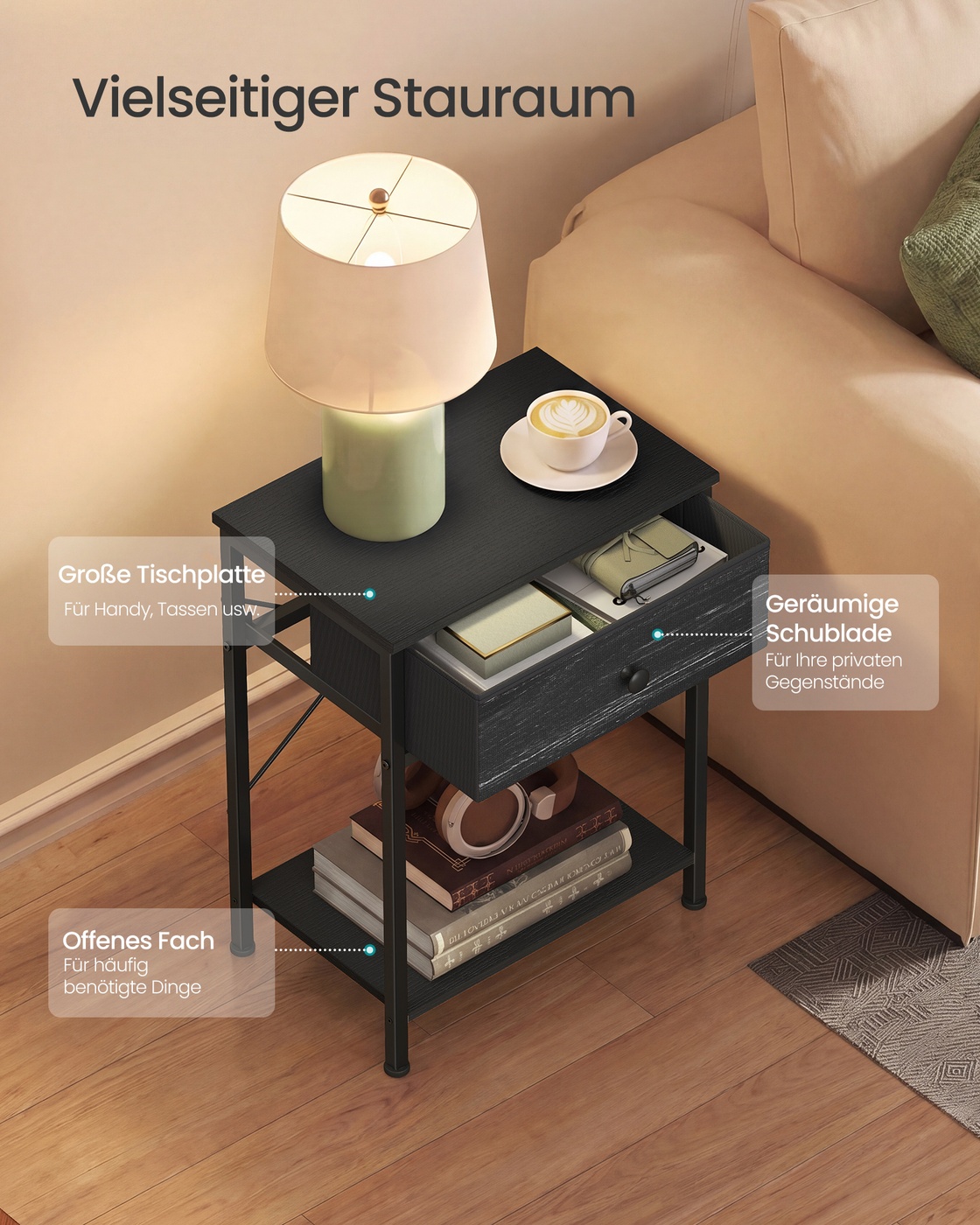 Bedside table, black, with LED socket, 39.6 x 30 x 60.4 cm, 2 drawers