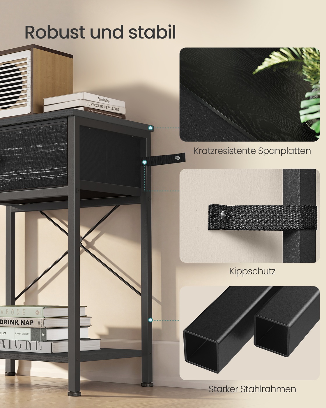 Bedside table, black, with LED socket, 39.6 x 30 x 60.4 cm, 2 drawers