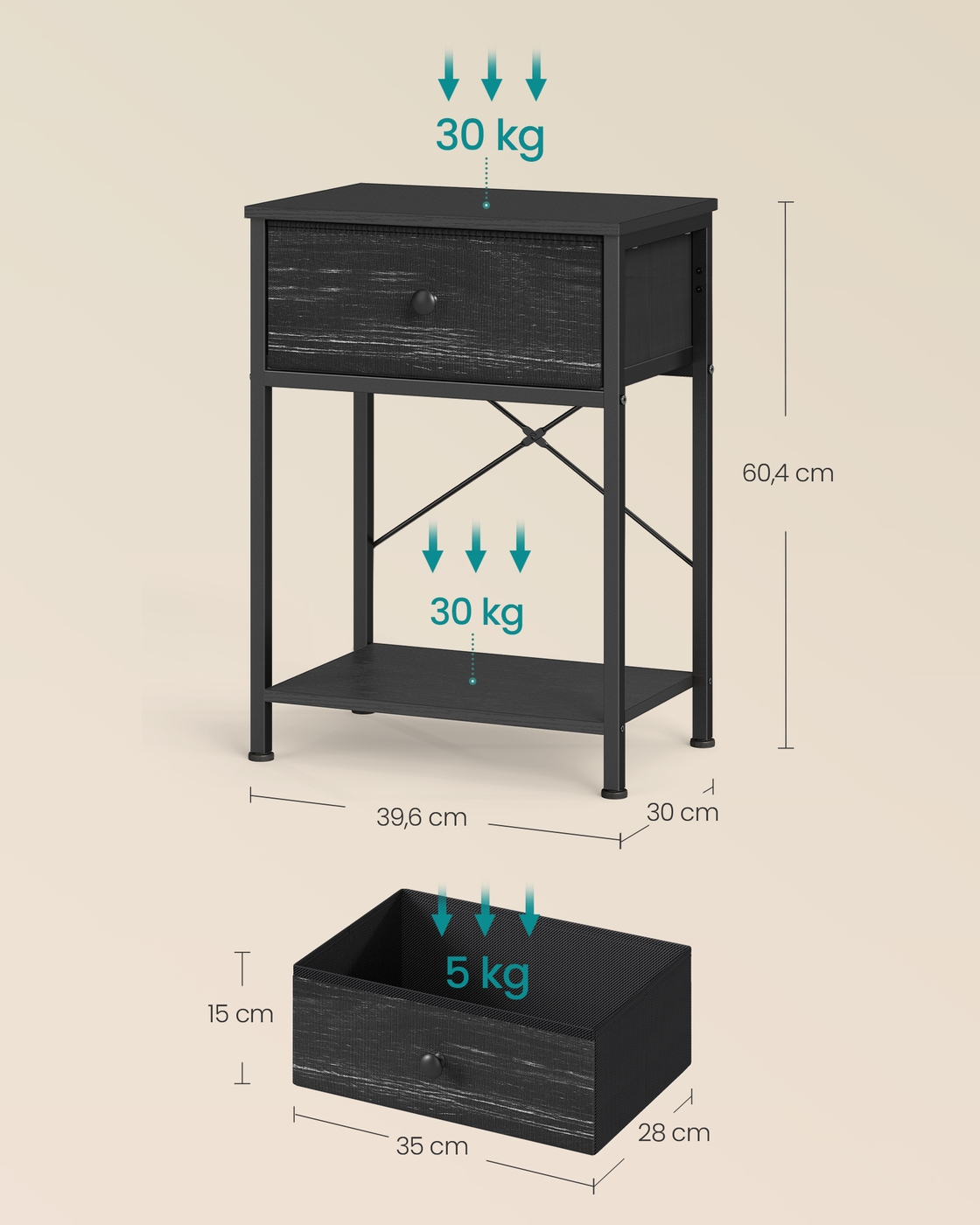 Bedside table, black, with LED socket, 39.6 x 30 x 60.4 cm, 2 drawers