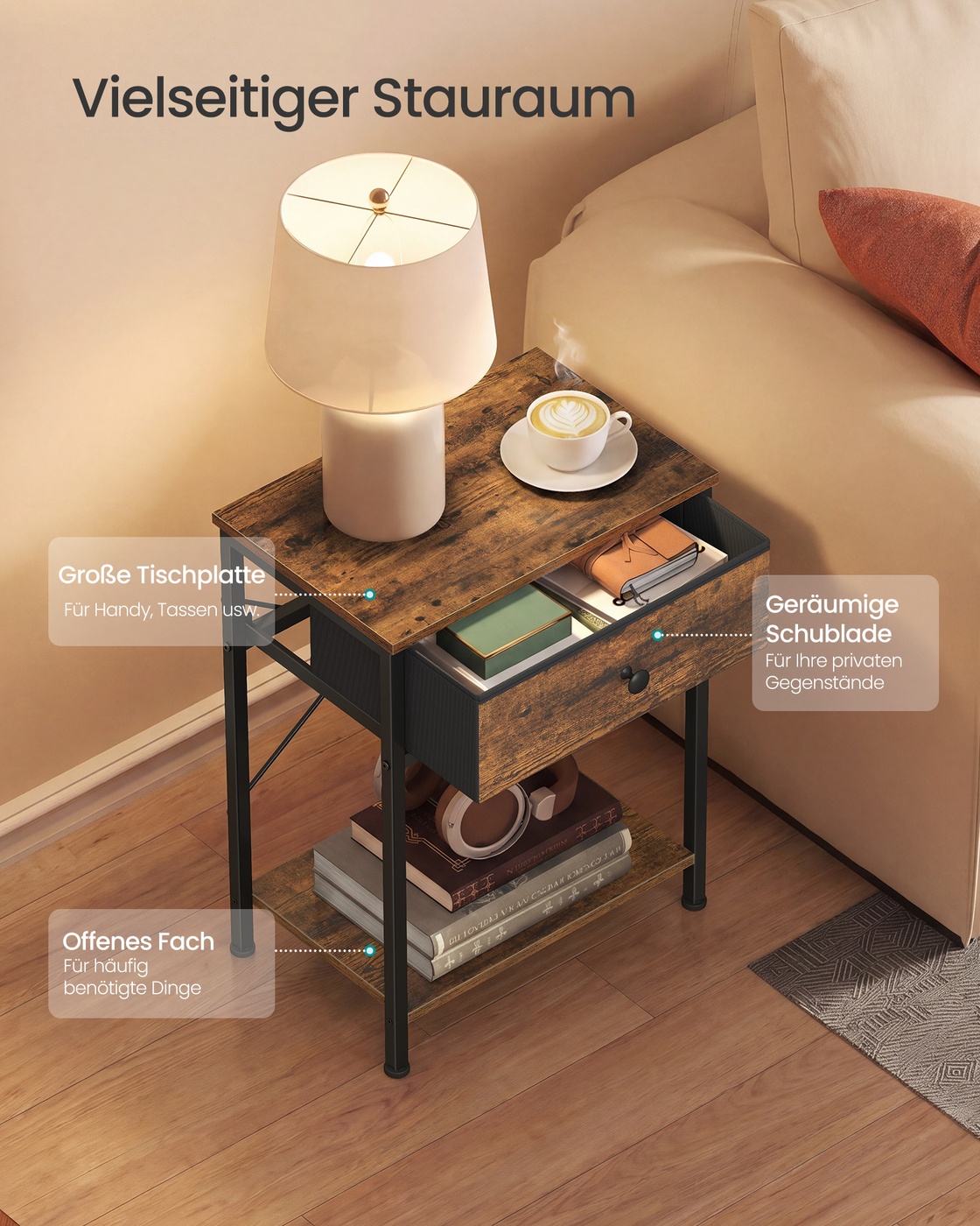Bedside table, vintage brown, with LED socket, 39.6 x 30 x 60.4 cm, 2 drawers