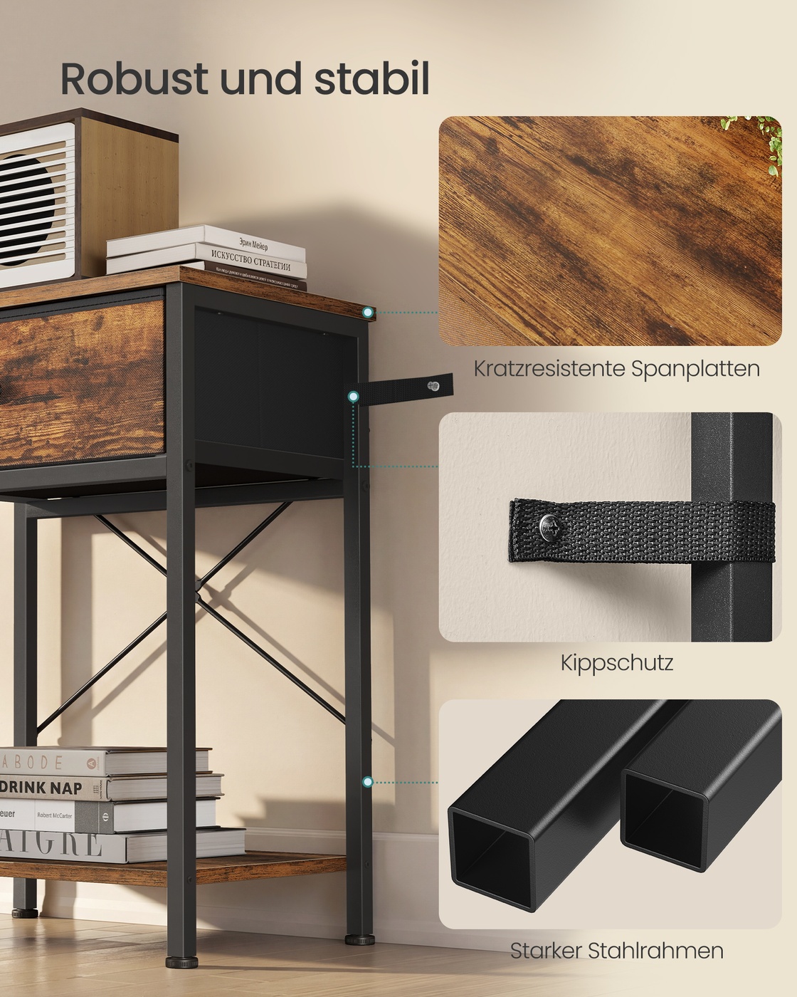 Bedside table, vintage brown, with LED socket, 39.6 x 30 x 60.4 cm, 2 drawers