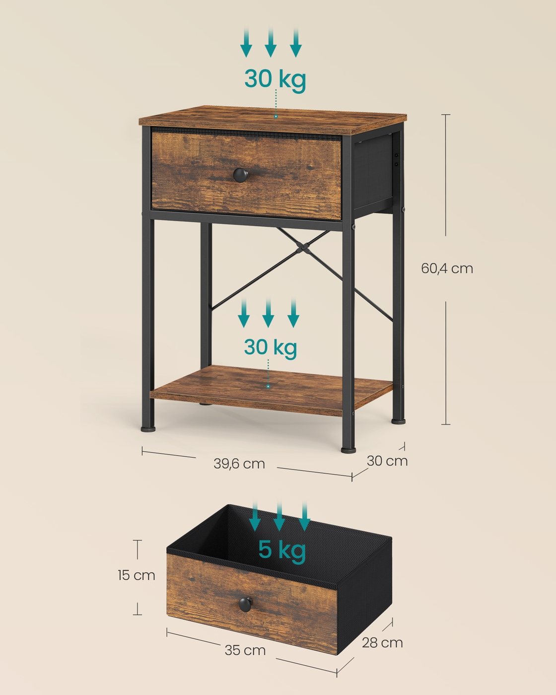 Bedside table, vintage brown, with LED socket, 39.6 x 30 x 60.4 cm, 2 drawers