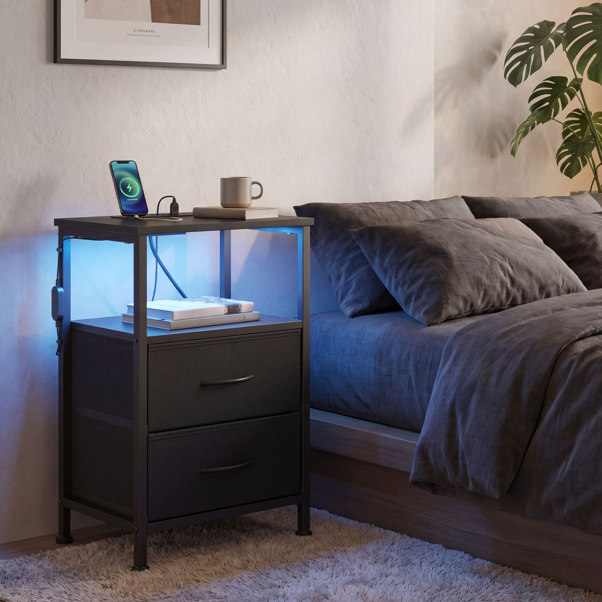 Bedside table with LED lighting and charging station