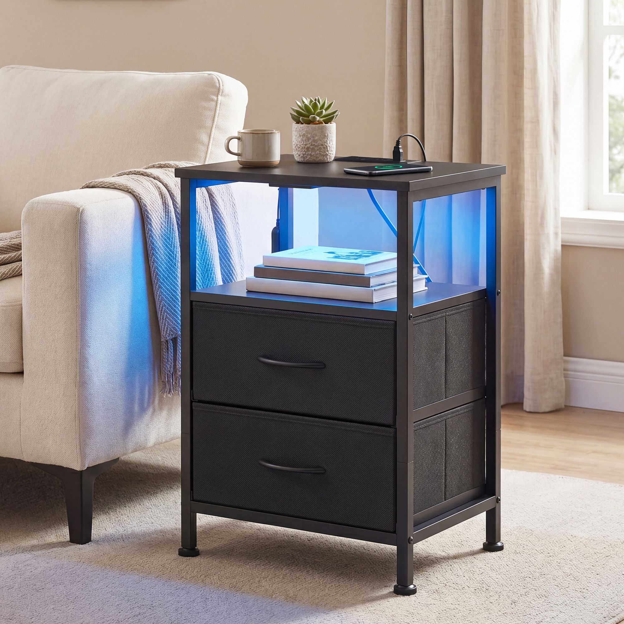 Bedside table with LED lighting and charging station