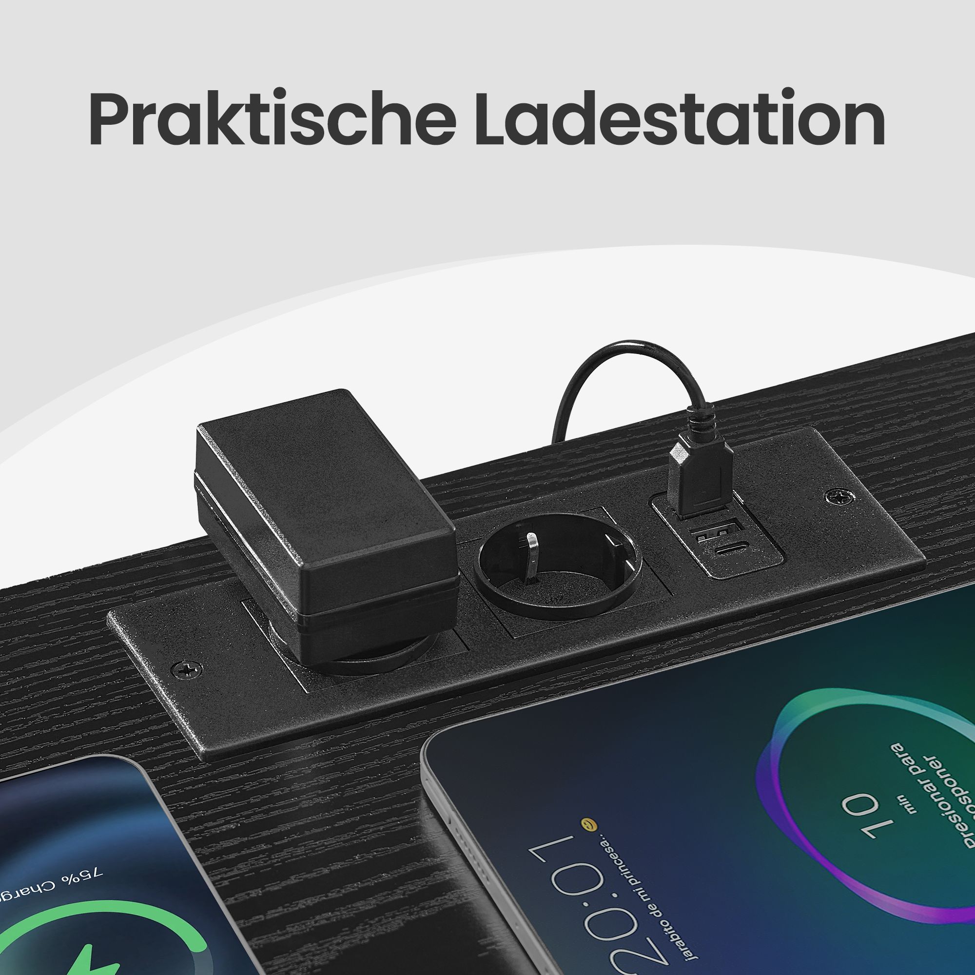 Bedside table with LED lighting and charging station