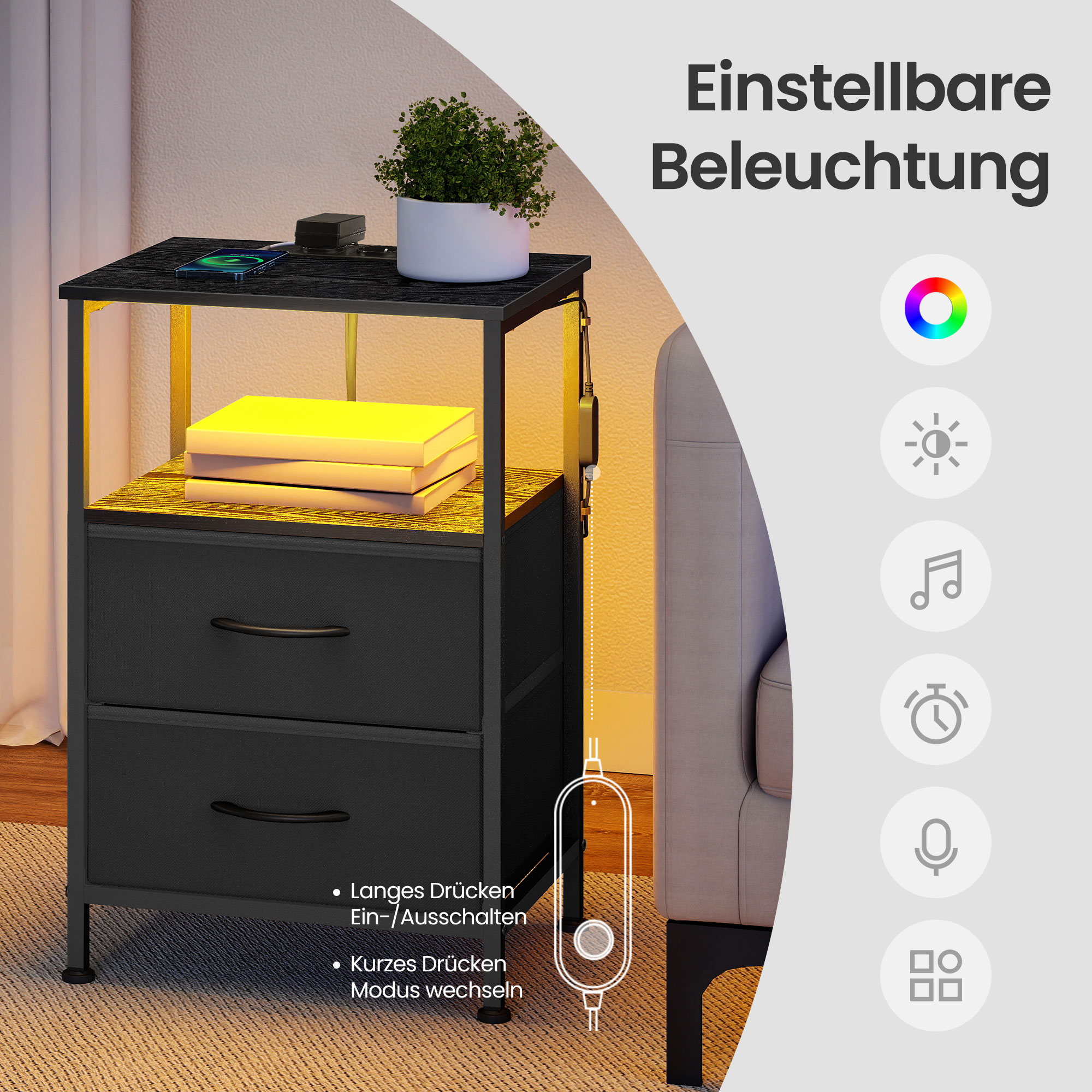 Bedside table with LED lighting and charging station