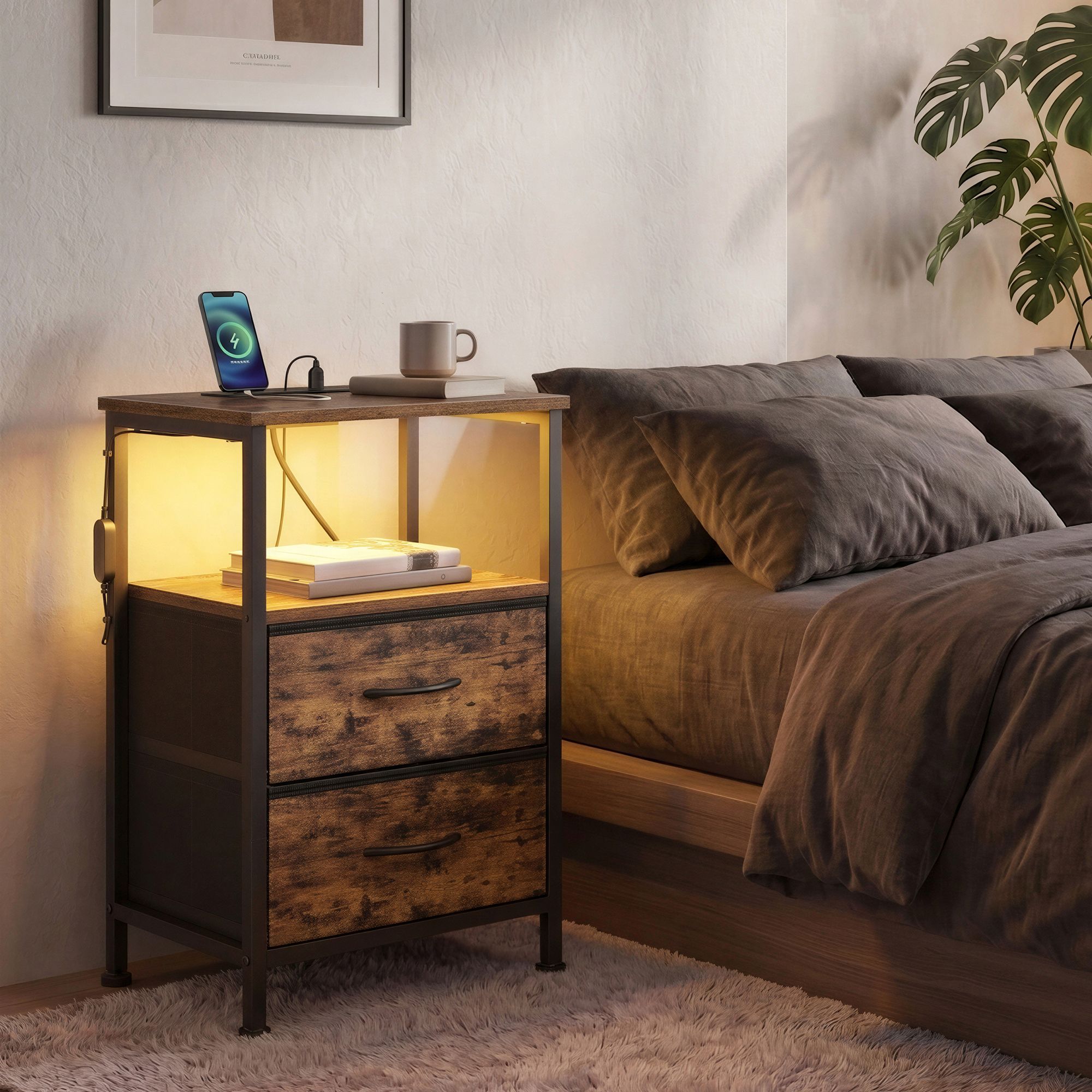 Bedside table with LED lighting and charging station