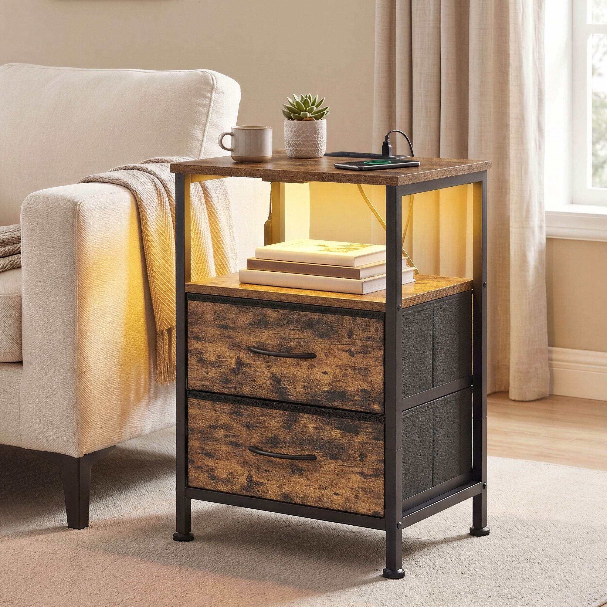 Bedside table with LED lighting and charging station