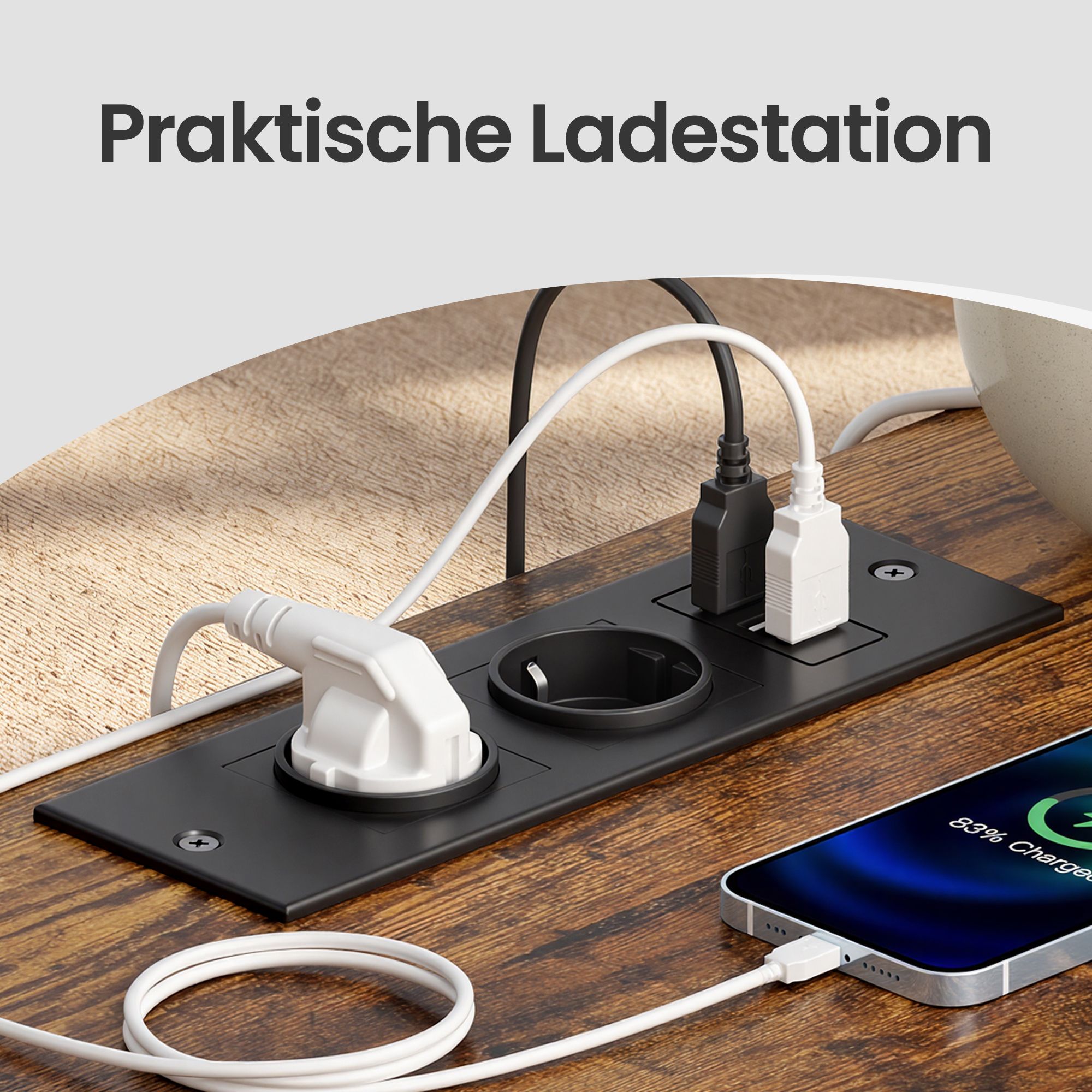 Bedside table with LED lighting and charging station