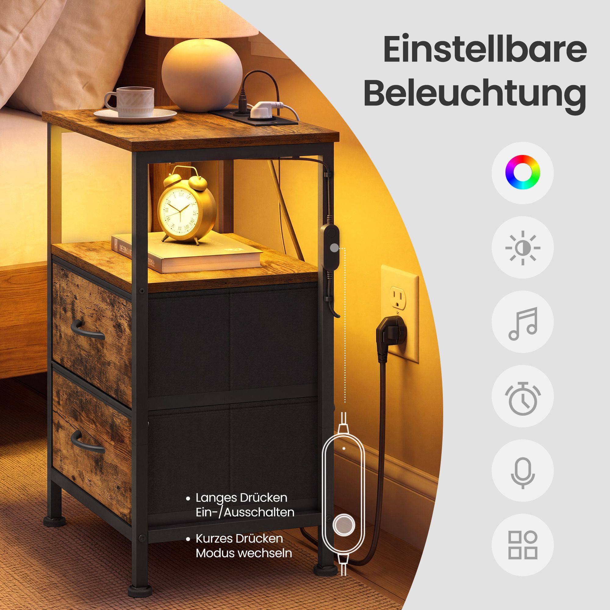 Bedside table with LED lighting and charging station