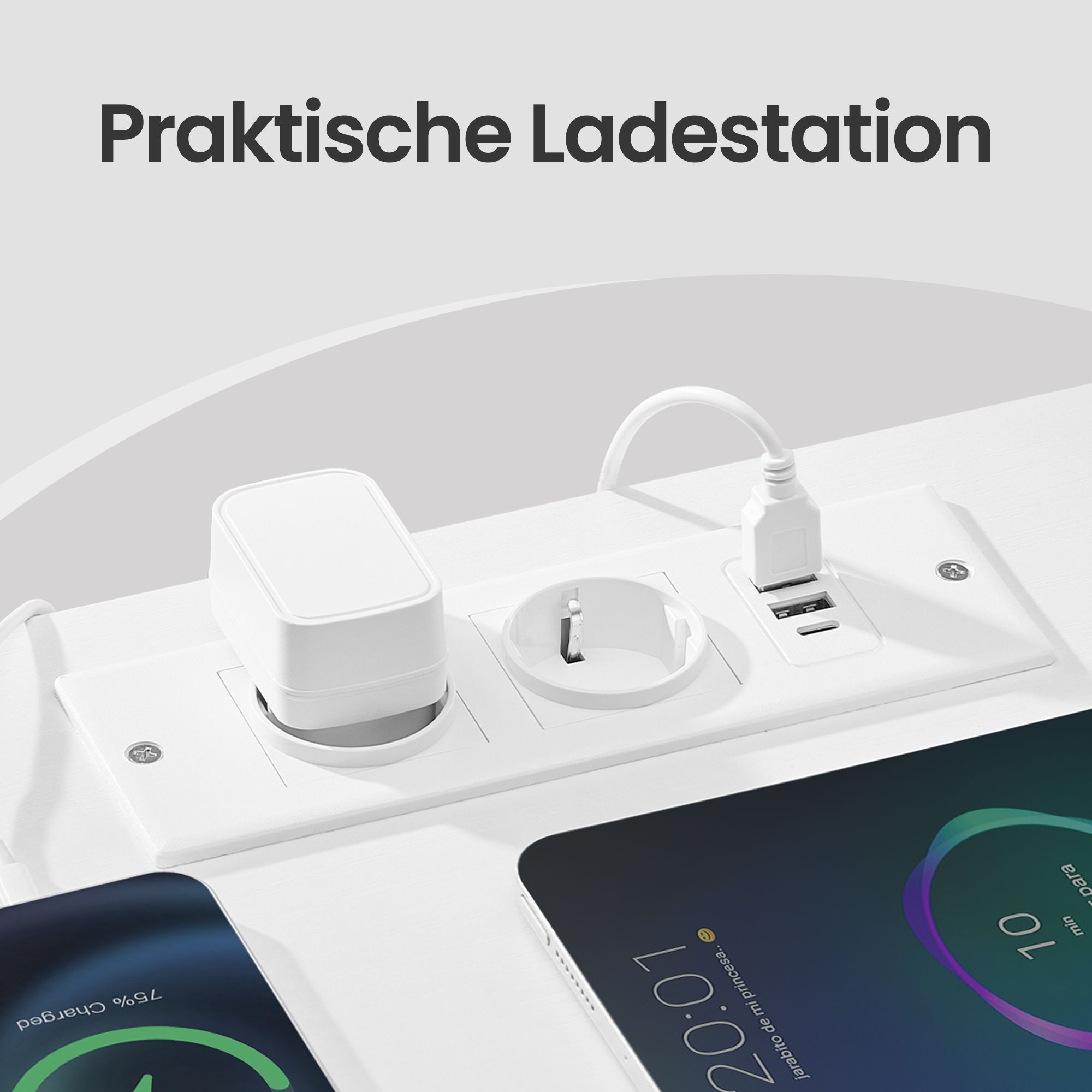 Bedside table with LED lighting and charging station