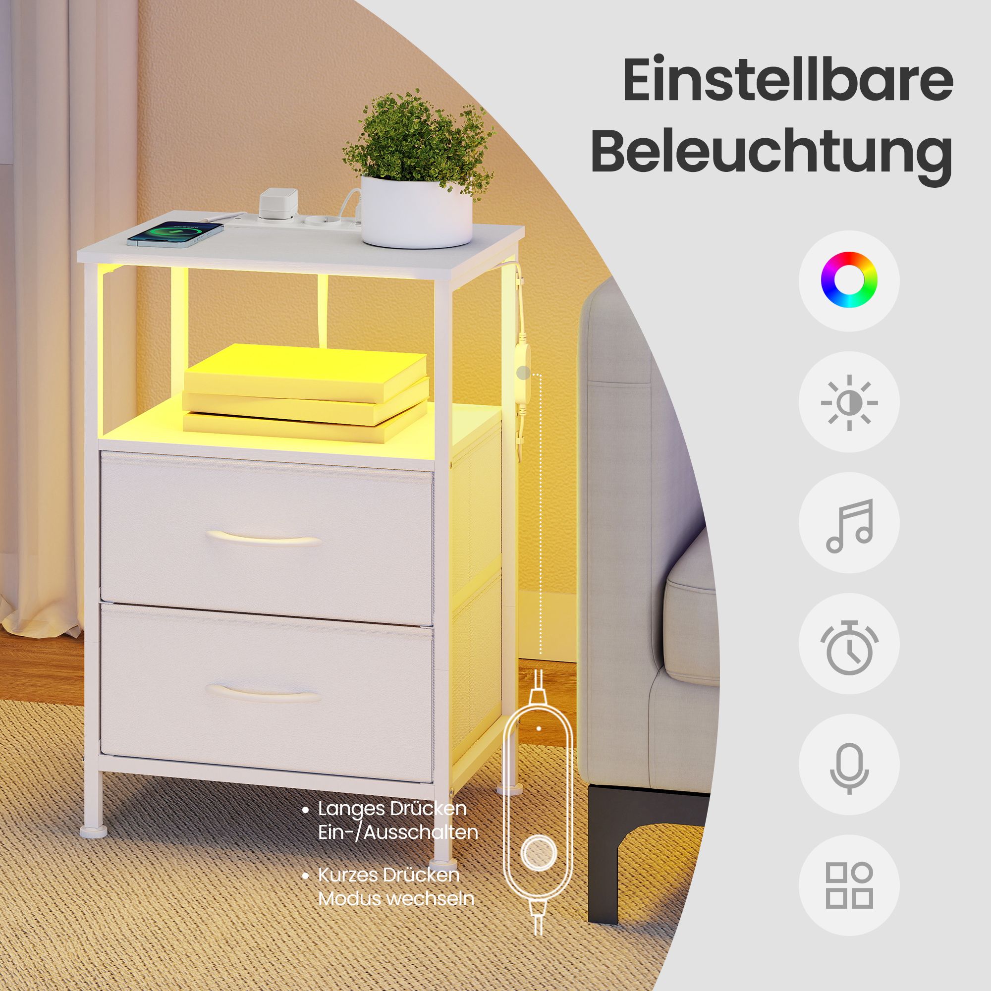 Bedside table with LED lighting and charging station