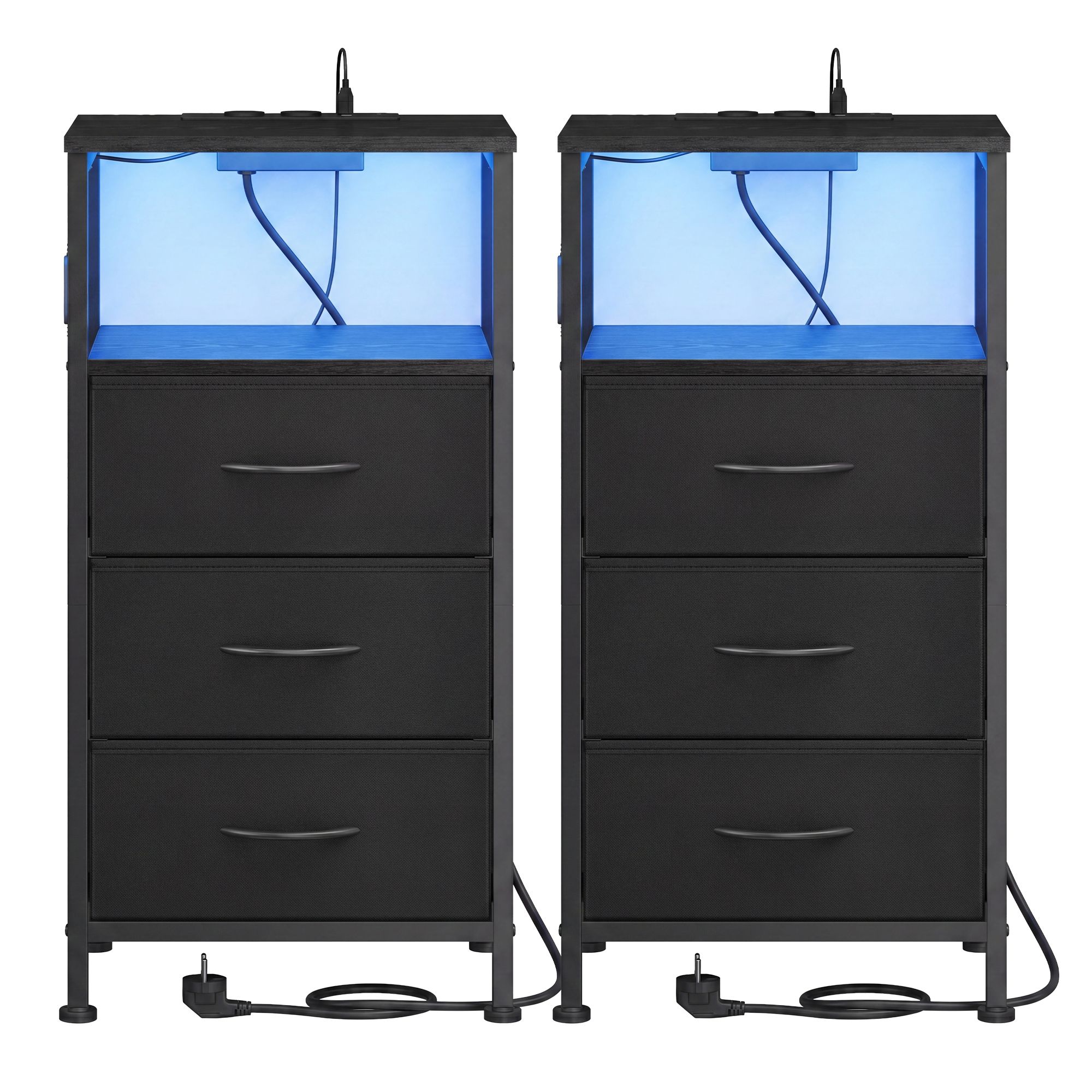 Bedside table with LED lighting and charging station, bedside table with 3 drawers and an open compartment