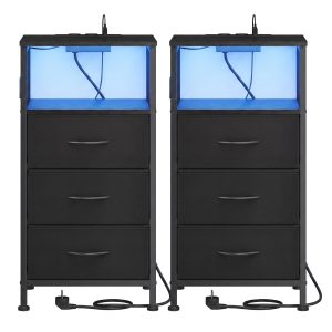 Bedside table with LED lighting and charging station, bedside table with 3 drawers and an open compartment