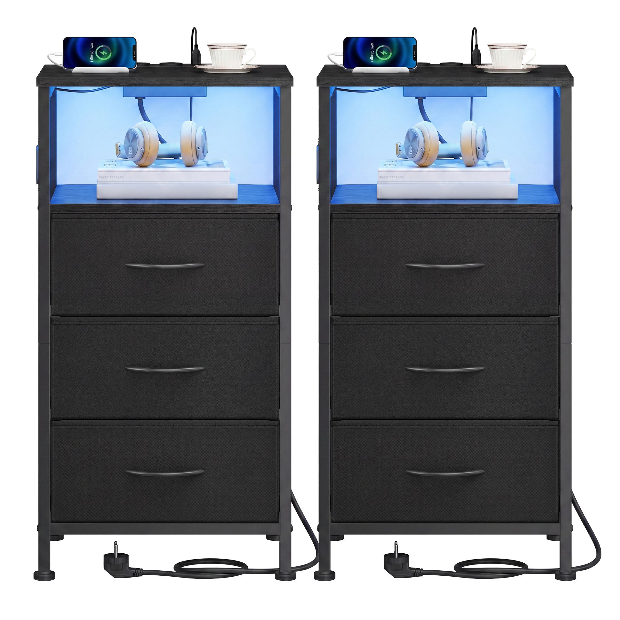 Bedside table with LED lighting and charging station, bedside table with 3 drawers and an open compartment - Image 2