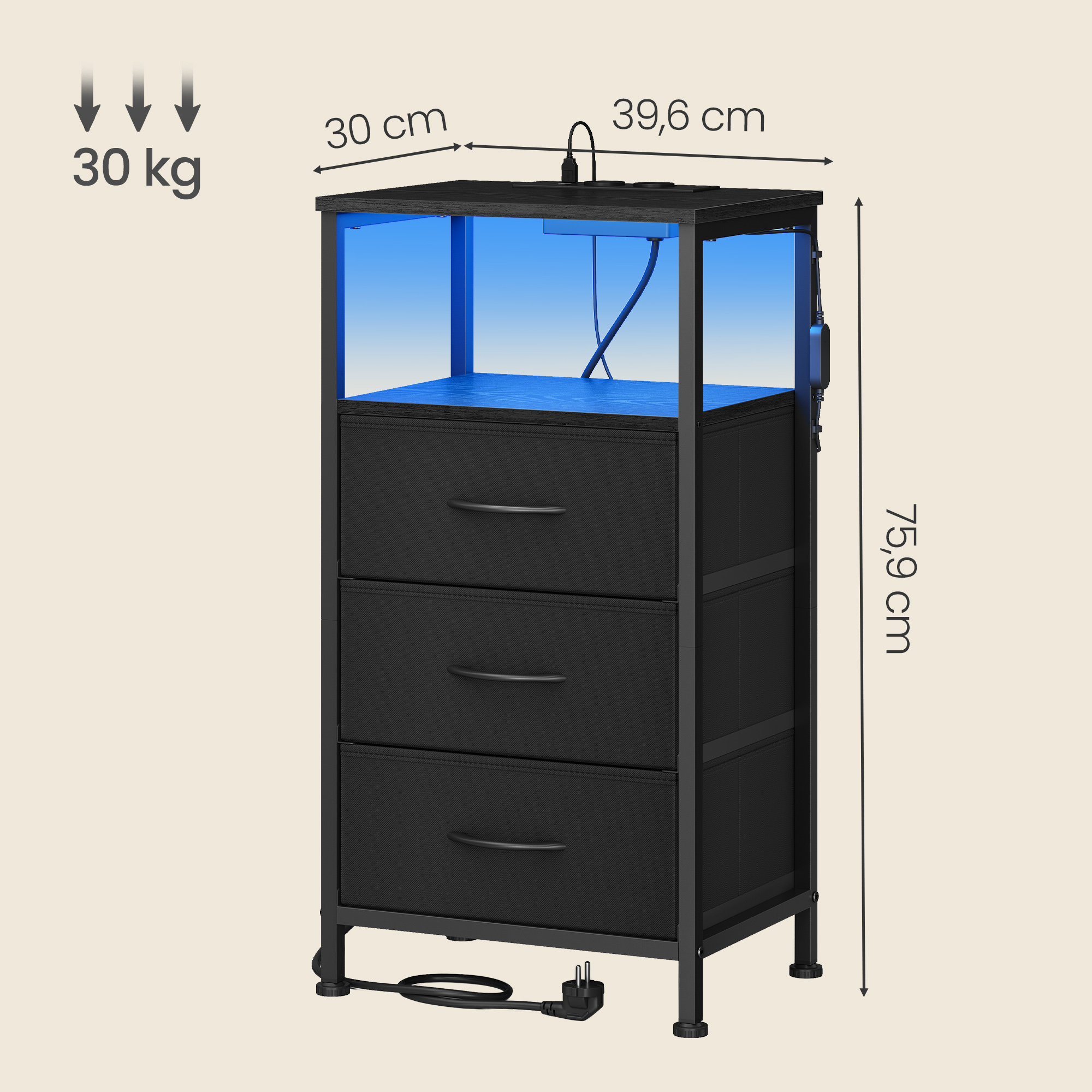 Bedside table with LED lighting and charging station, bedside table with 3 drawers and an open compartment