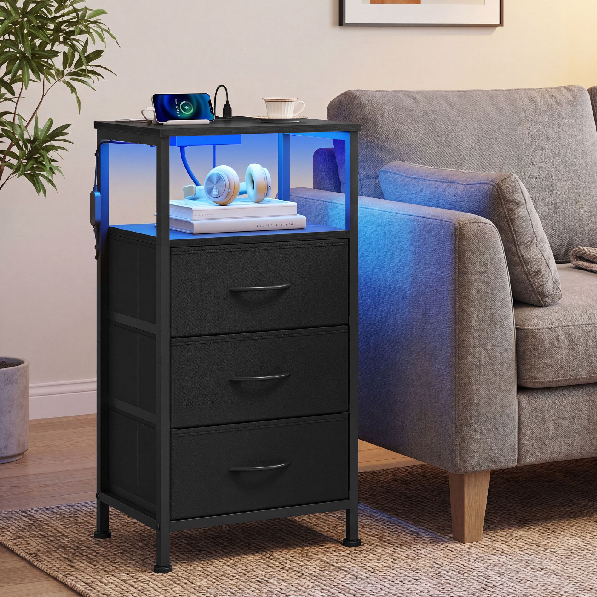 Bedside table with LED lighting and charging station, bedside table with 3 drawers and an open compartment - Image 4