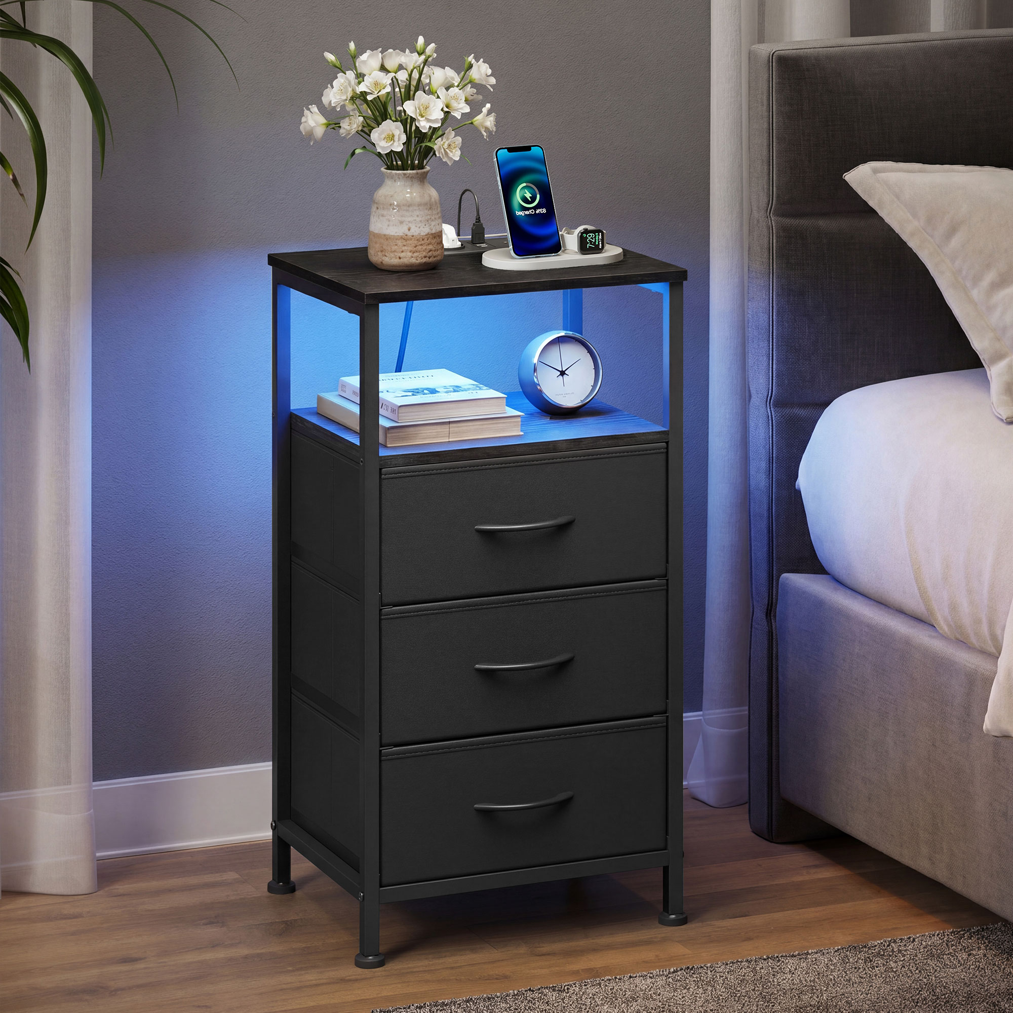 Bedside table with LED lighting and charging station, bedside table with 3 drawers and an open compartment - Image 5