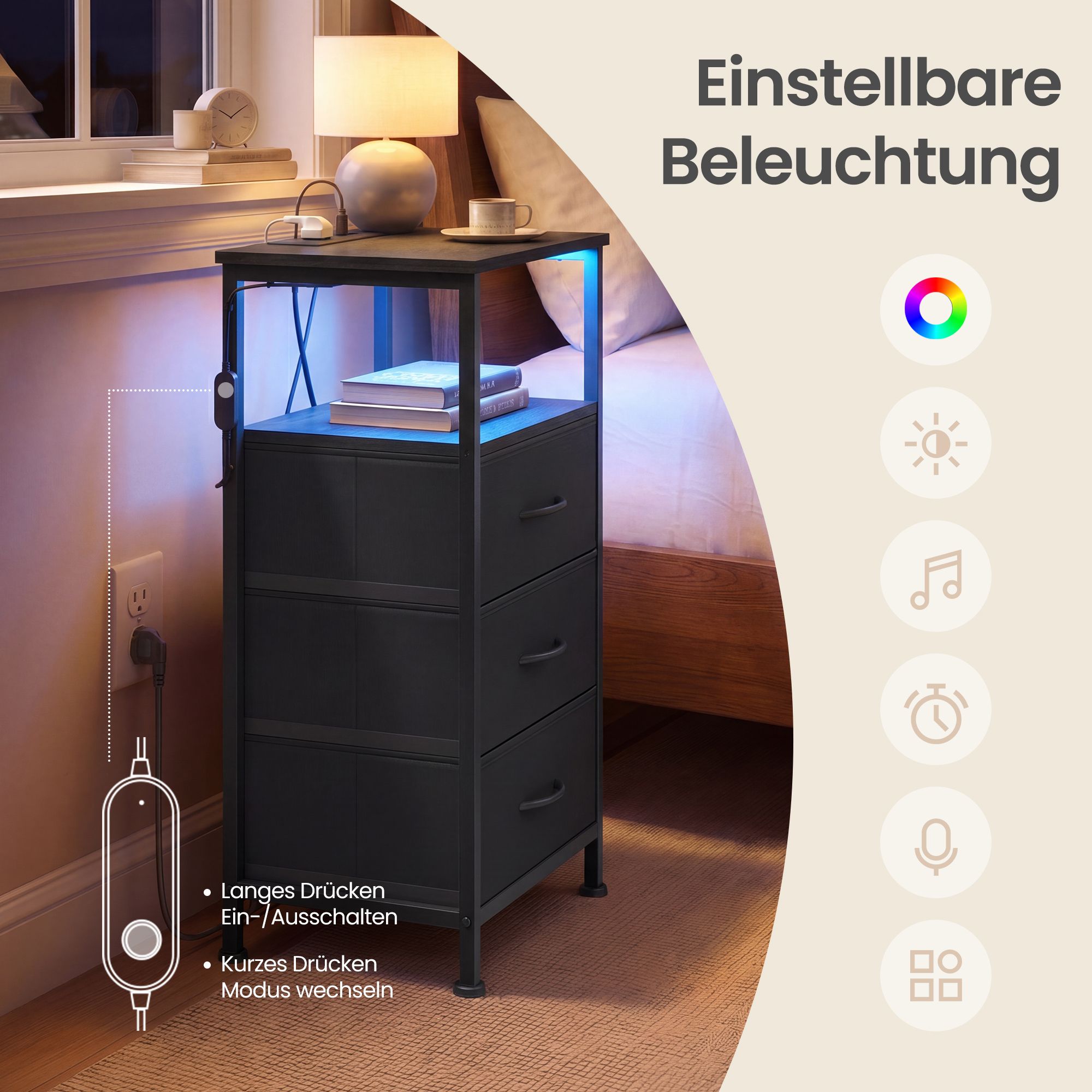 Bedside table with LED lighting and charging station, bedside table with 3 drawers and an open compartment - Image 7