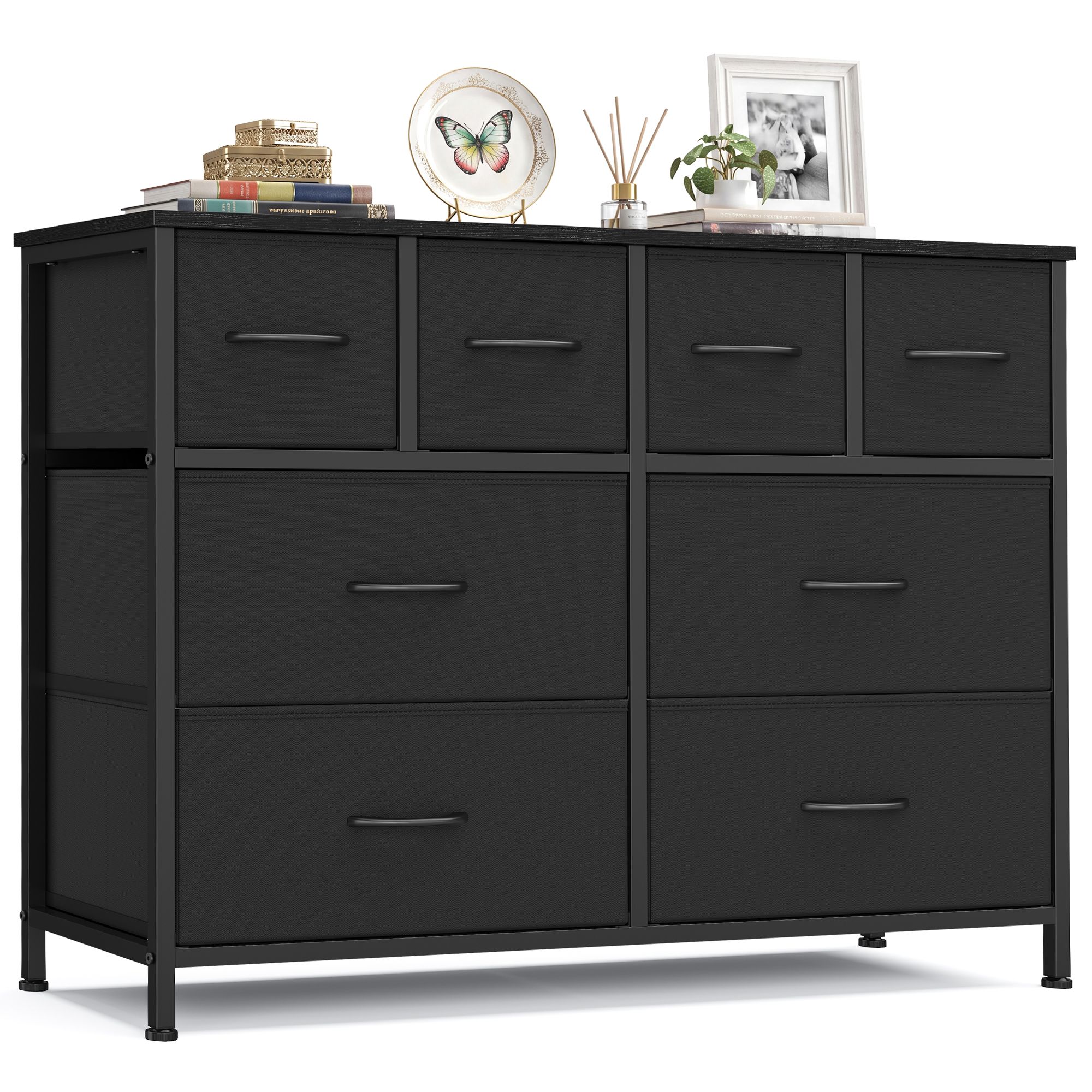 Chest of drawers with 8 fabric-lined drawers and metal frame, ink black